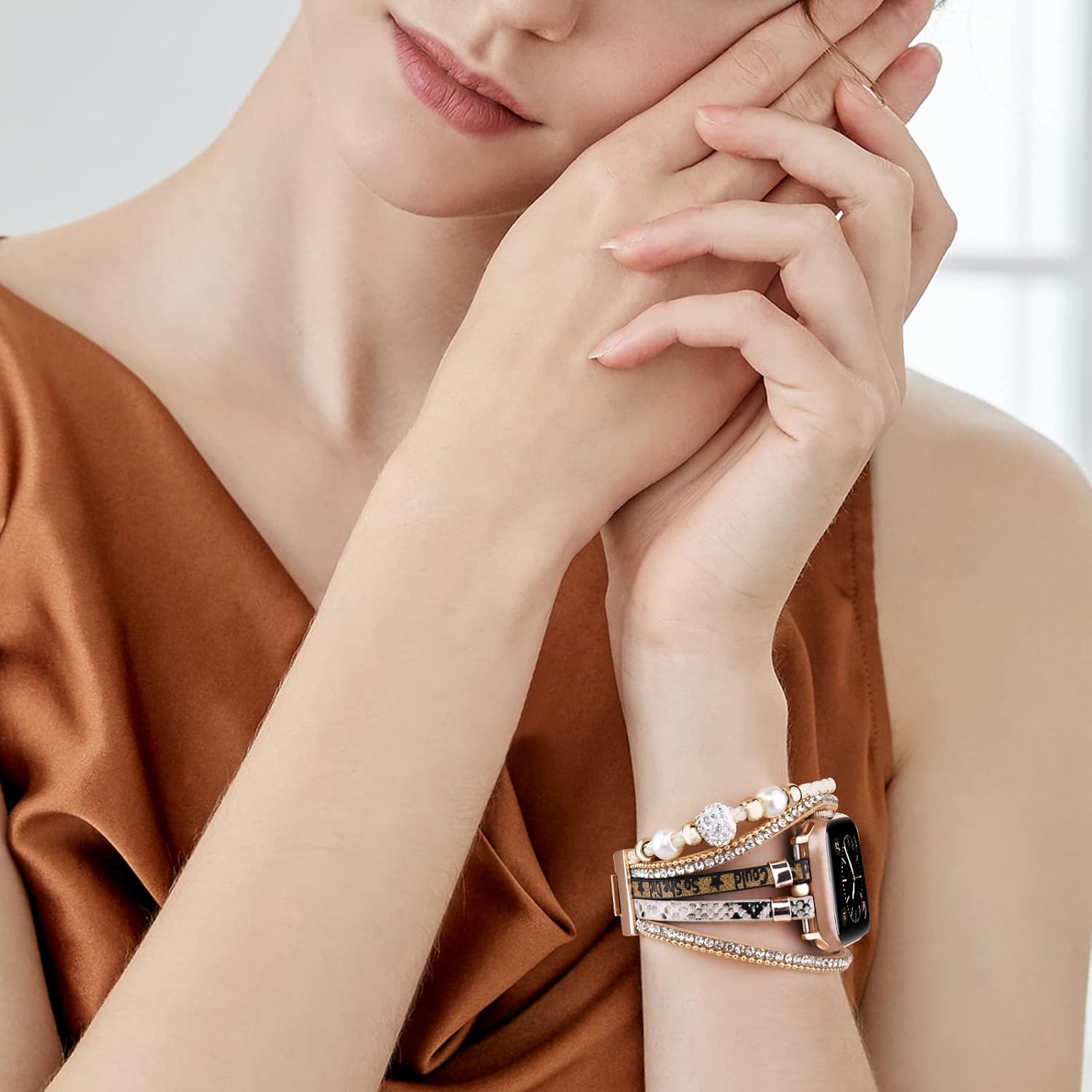 MOFREE Pulsera de cuero bohemio compatible con Apple Watch Band de 1.654 pulgadas, 1.732 pulgadas, 1.772 pulgadas, 1.772 pulgadas para mujer,