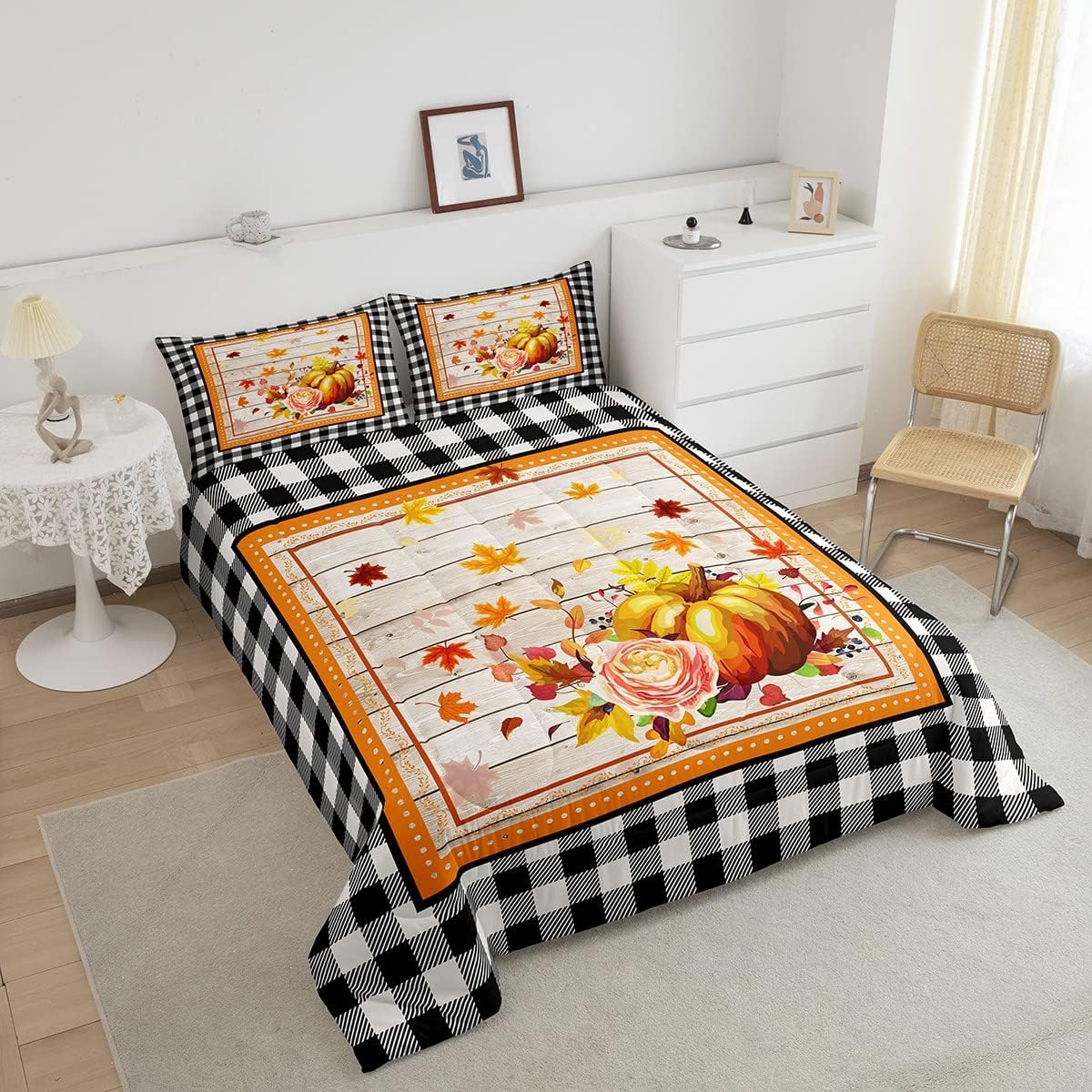 Castle Fairy Juego de edredón de acuarela con flores de calabaza, tamaño individual, juego de edredón con temática de Acción de Gracias, colección