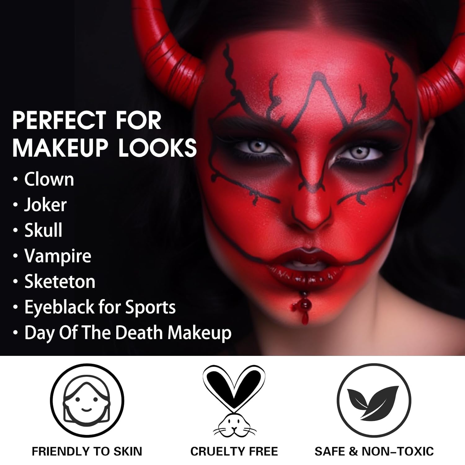 BOBISUKA Pintura facial roja, kit de pintura corporal en crema mezclable, negro ojo para deportes, pintura facial para payaso Joker Demon Devil