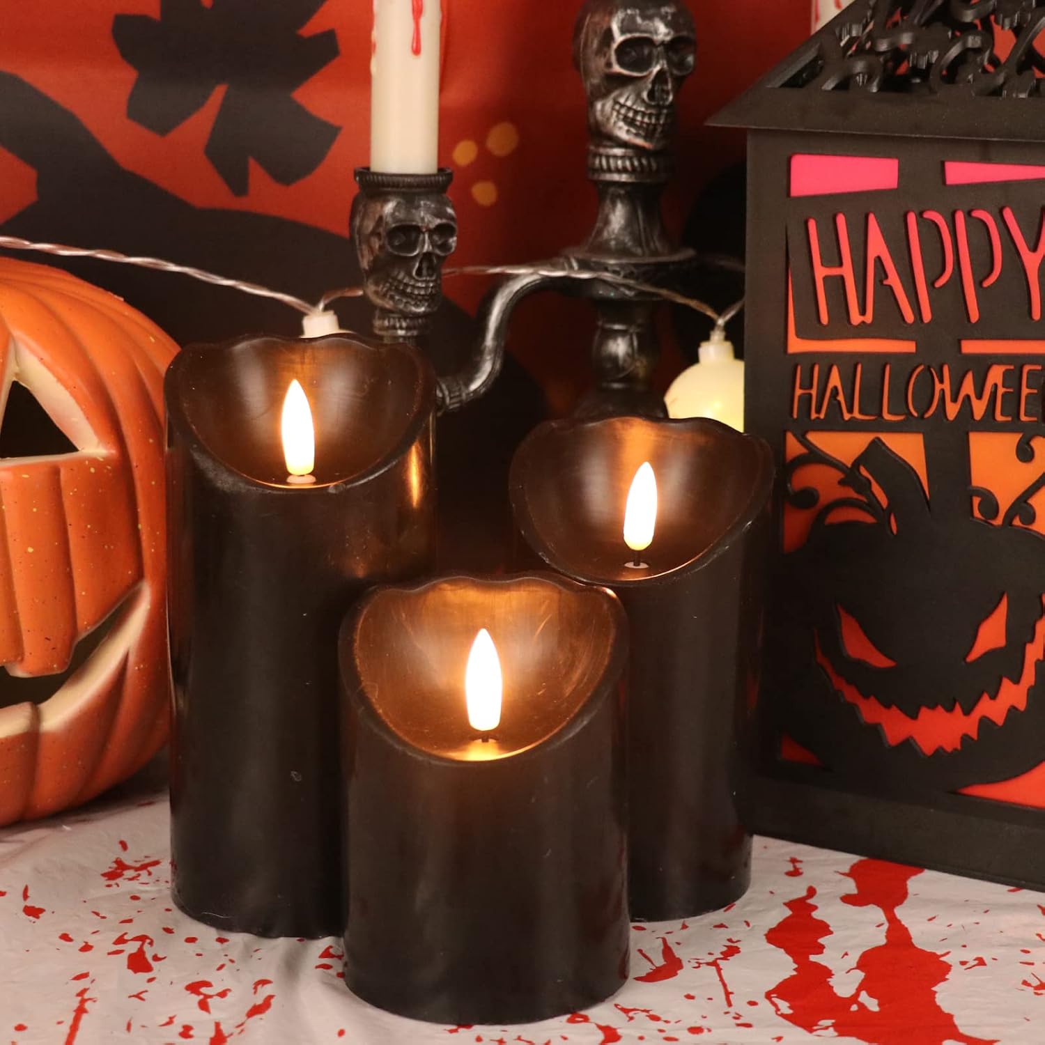 Eldnacele Velas parpadeantes sin llama de cera negra con temporizador de 6 horas, mecha 3D realista, funciona con pilas, juego de 3 velas LED para