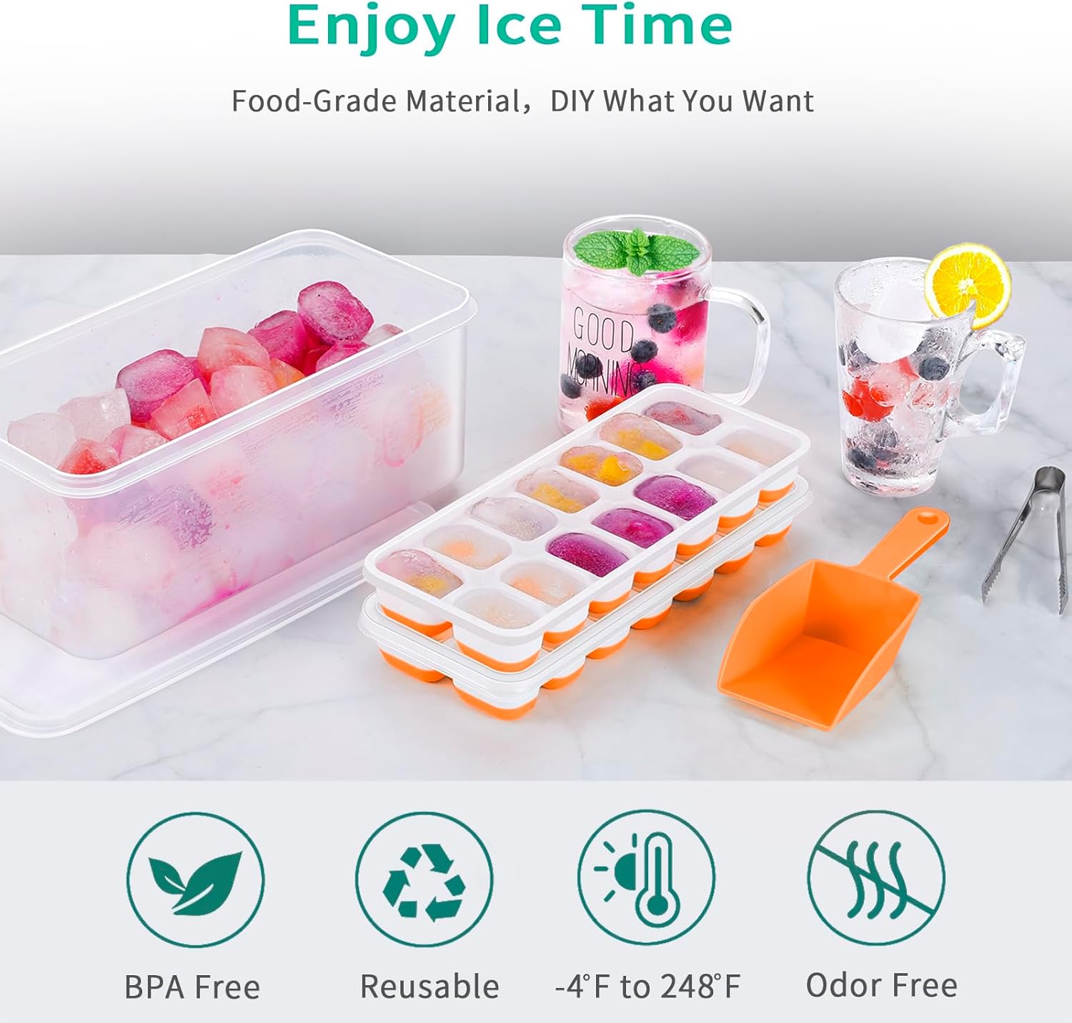 ARTLEO Bandejas para cubitos de hielo con tapa y contenedor, bandejas para cubitos de hielo de silicona y plástico de fácil liberación y contenedor
