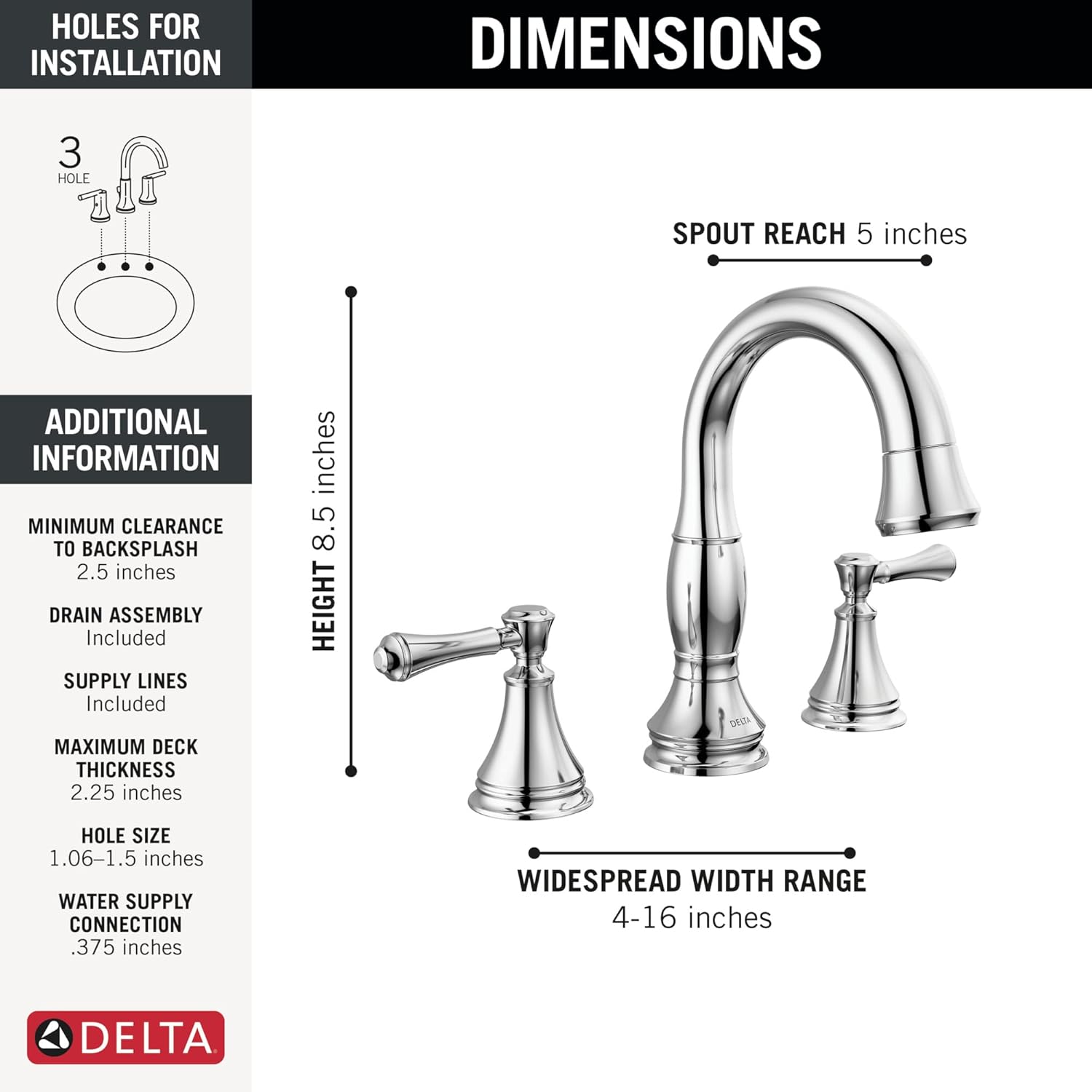 Delta Faucet Cassidy – Grifo de baño extraíble, grifo de baño cromado de 3 agujeros con rociador extraíble, grifo de lavabo de baño, acoplamiento