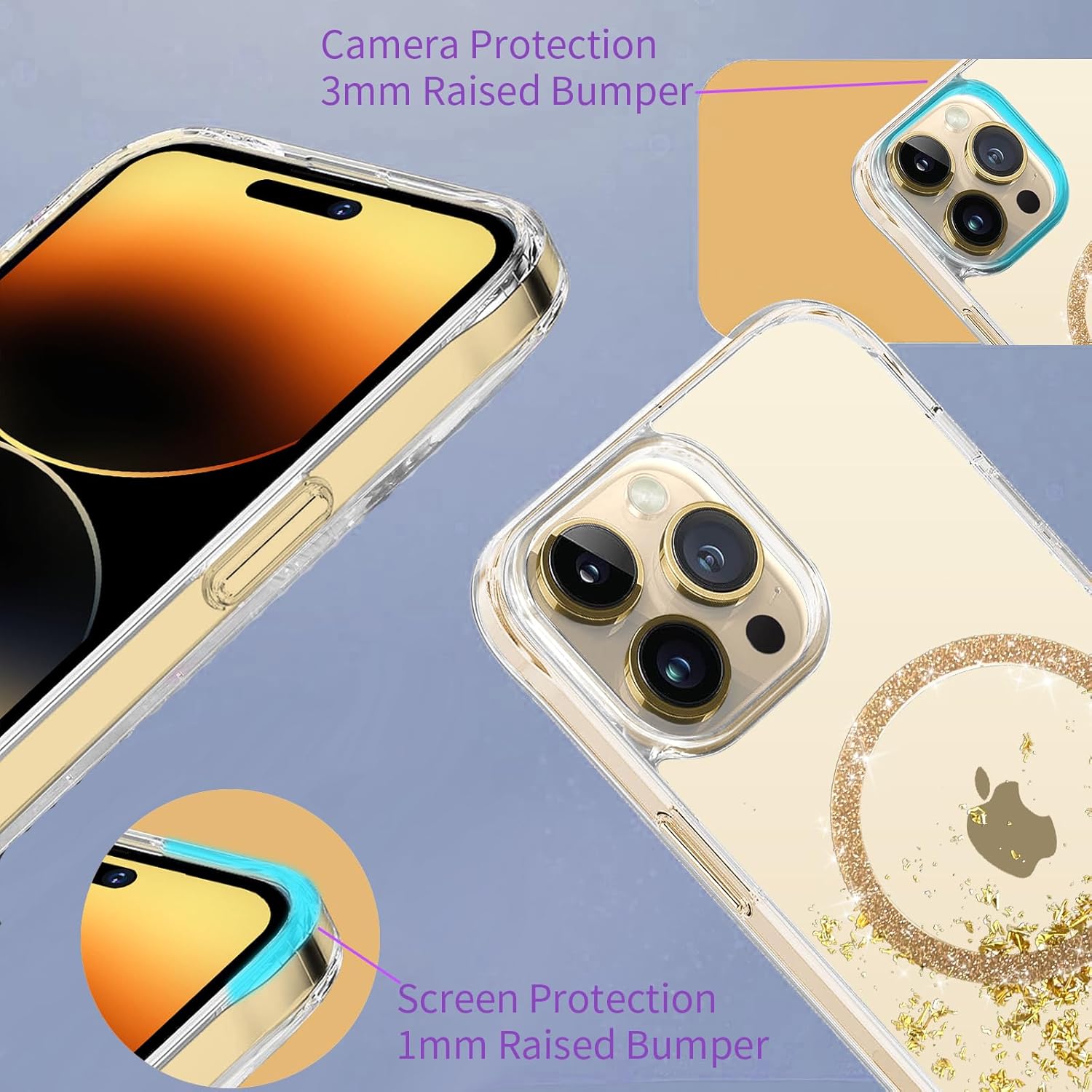 Funda con purpurina magnética con diseño de anillo magnético para iPhone 13 Pro Max compatible con MagSafe purpurina artesanal 3D funda brillante
