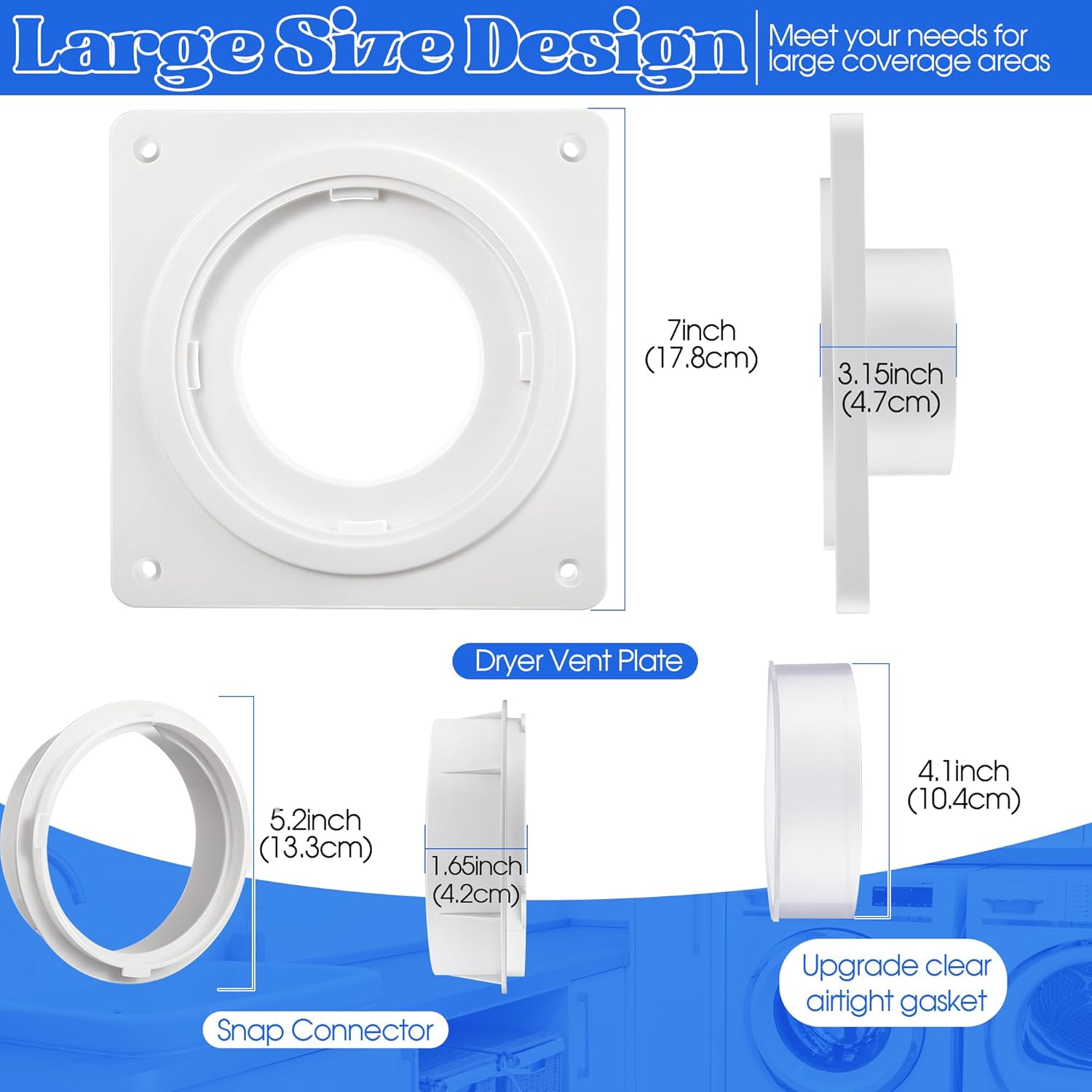 Adaptador de placa de pared de ventilación de secadora, cubre el área de 7 x 7 pulgadas, kit de conector de muelle de secadora a presión para