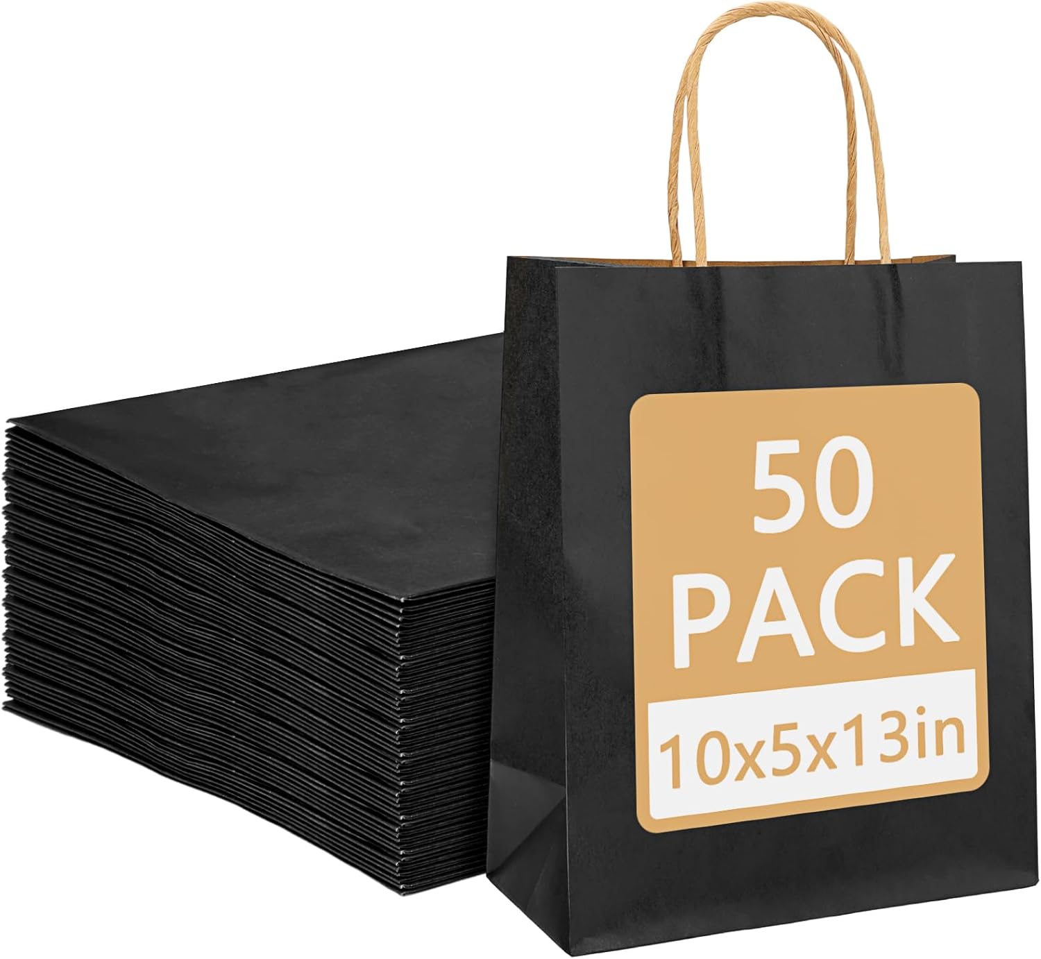 Moretoes 50 bolsas de regalo negras de 10 x 5 x 13 pulgadas, bolsas de papel kraft con asas a granel, bolsas de compras, bolsas de venta al por