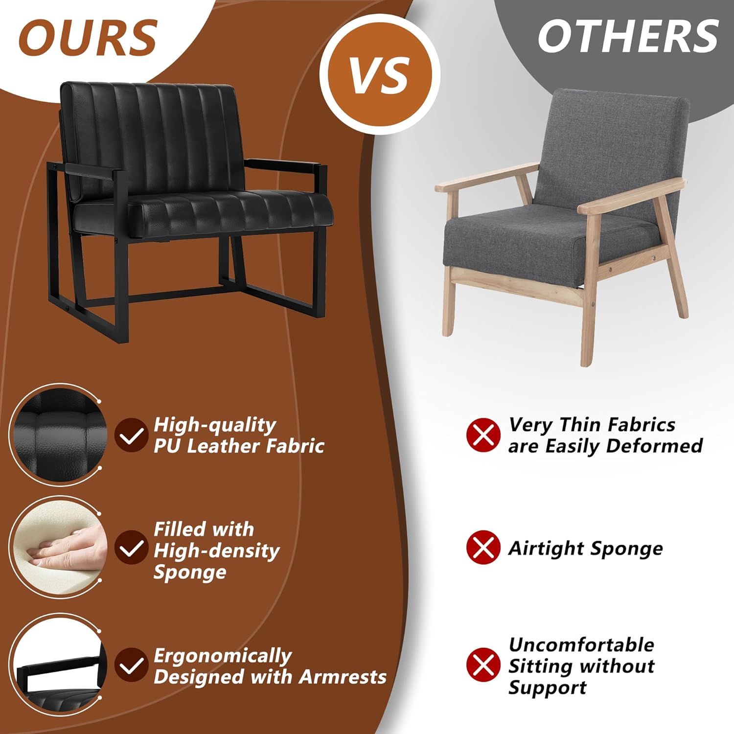 Recaceik Silla decorativa moderna de mediados de siglo, sillón tapizado de piel sintética con marco de metal, cojín de asiento de 4.1 pulgadas de