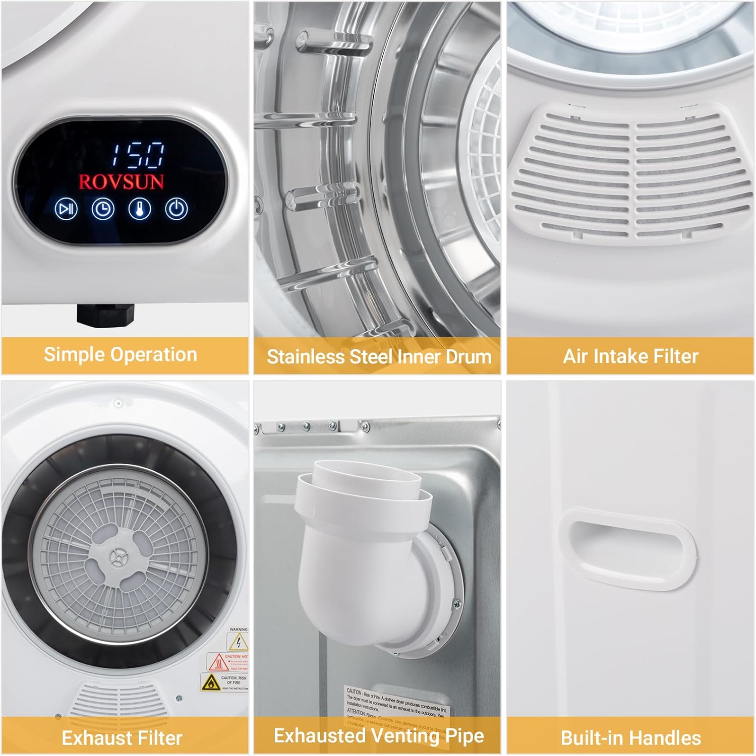 ROVSUN Secadora de ropa portátil de 110 V, secado rápido de 850 W, secadora de ropa de carga frontal con bañera de acero inoxidable y panel táctil