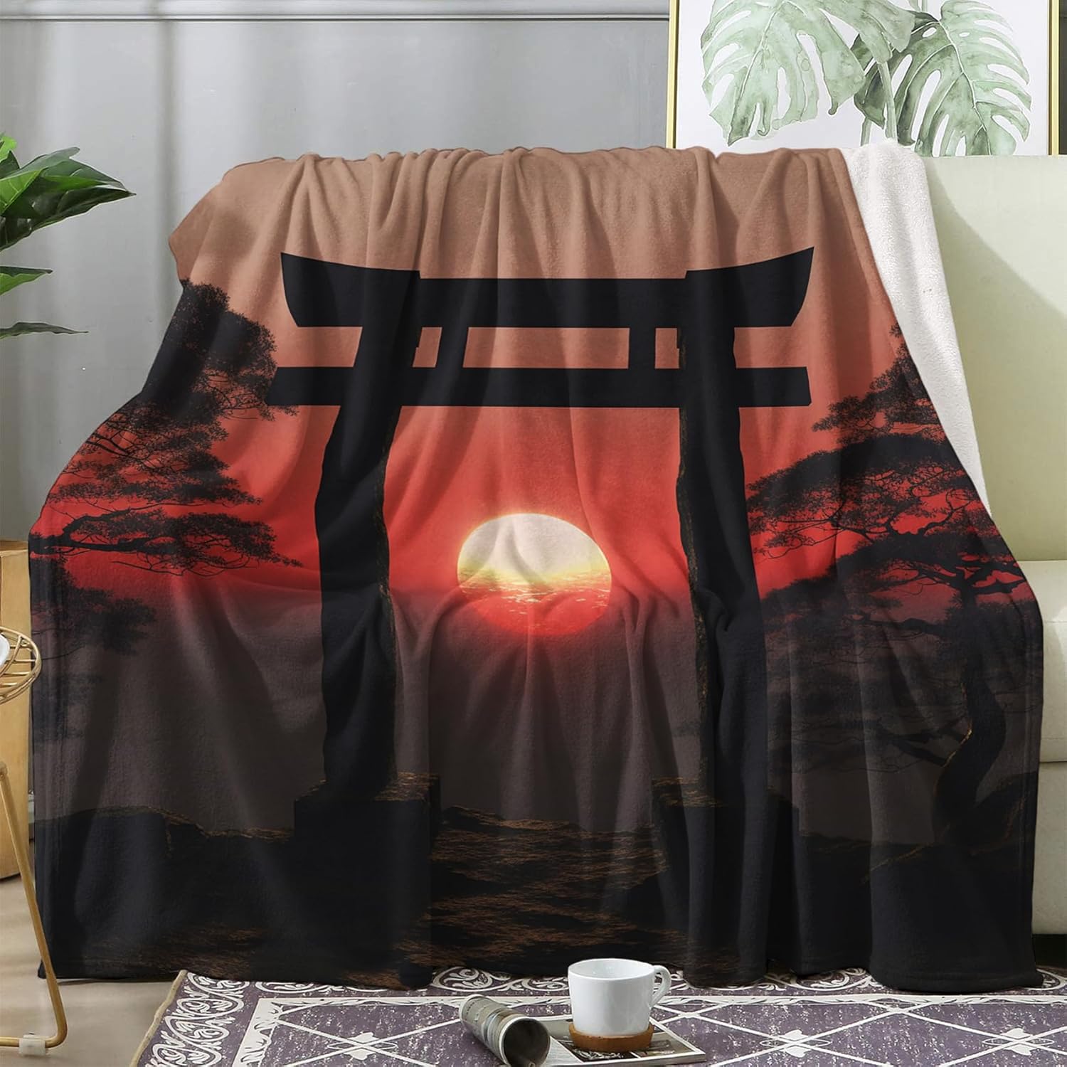 zcwl Manta japonesa de forro polar para sofá, cama, sofá, manta con estampado de Torii japonés, manta de franela de felpa súper suave y acogedora,