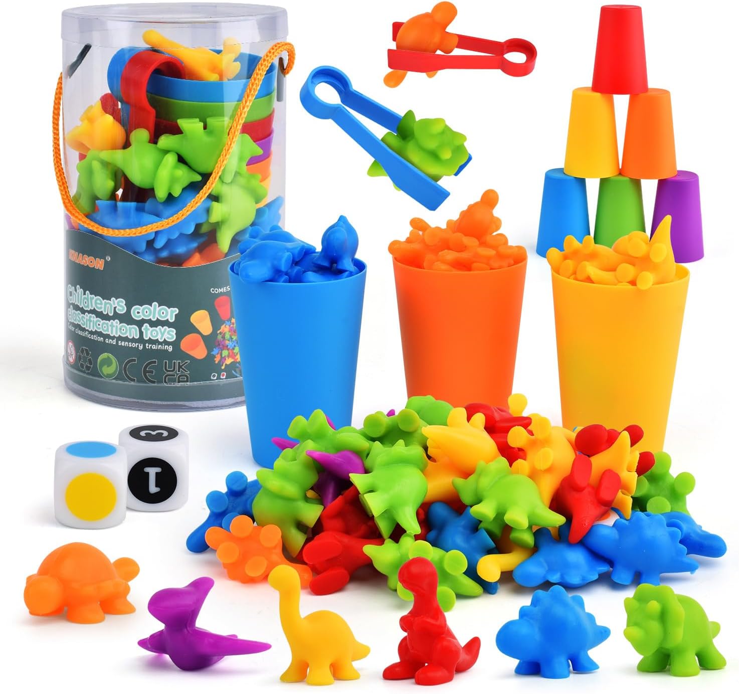 Juguetes de dinosaurios mejorados para contar y clasificar, juego de dinosaurios a juego de clasificación de colores con tazas y dados apilables,