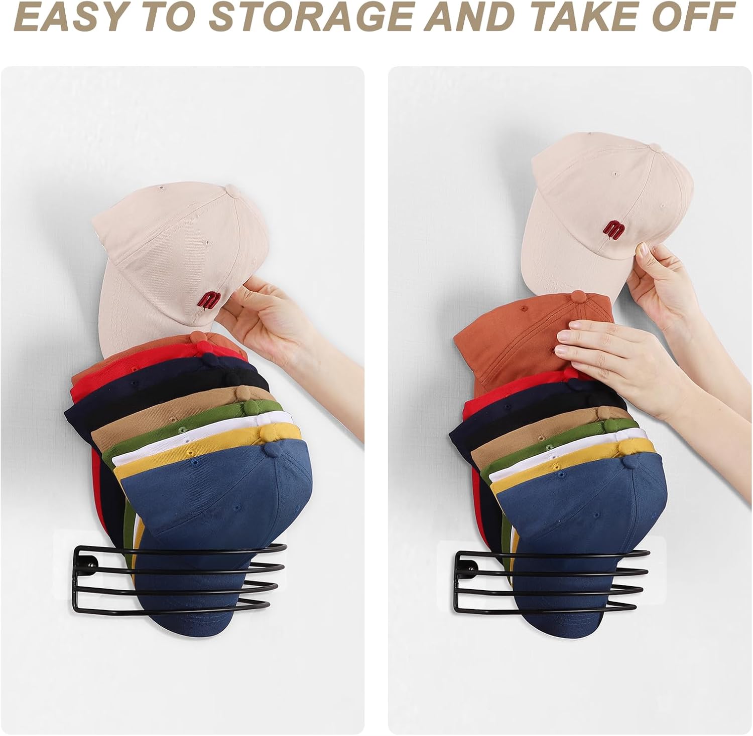 Perchero de pared para sombreros, paquete de 2 organizadores de sombreros para gorras de béisbol, perchas compactas para sombreros para exhibir