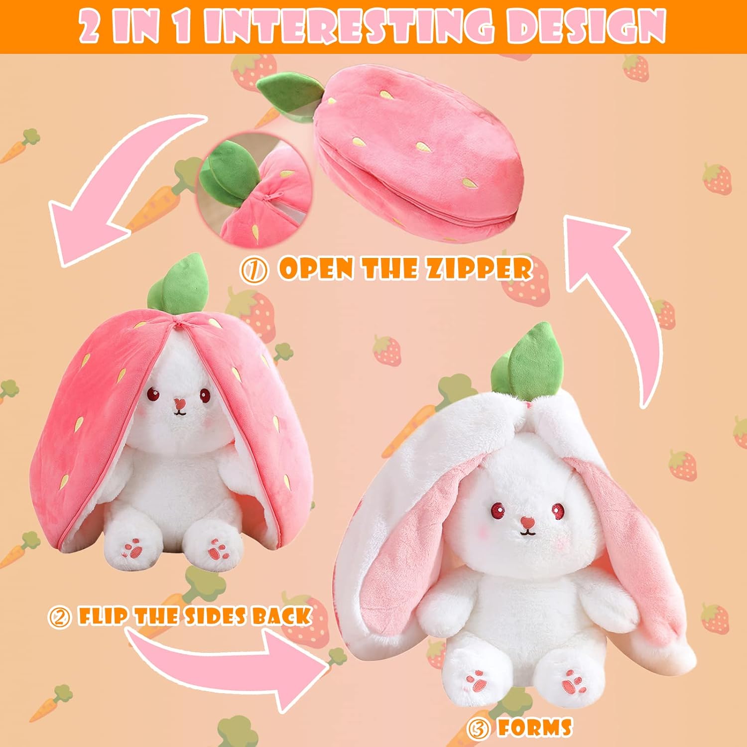 EOMKO Peluche de conejo, almohada reversible de conejo, zanahoria y fresa, con cremallera, juguete de felpa suave con zanahoria y fresa, juguete de