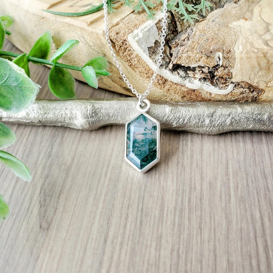 AAA Natural Moss Agate Pendant Necklace, Long Hexagon Moss Agate Pendant, Unique Gemstone Jewelry, Nature Inspired, Green Agate Necklace, Christmas