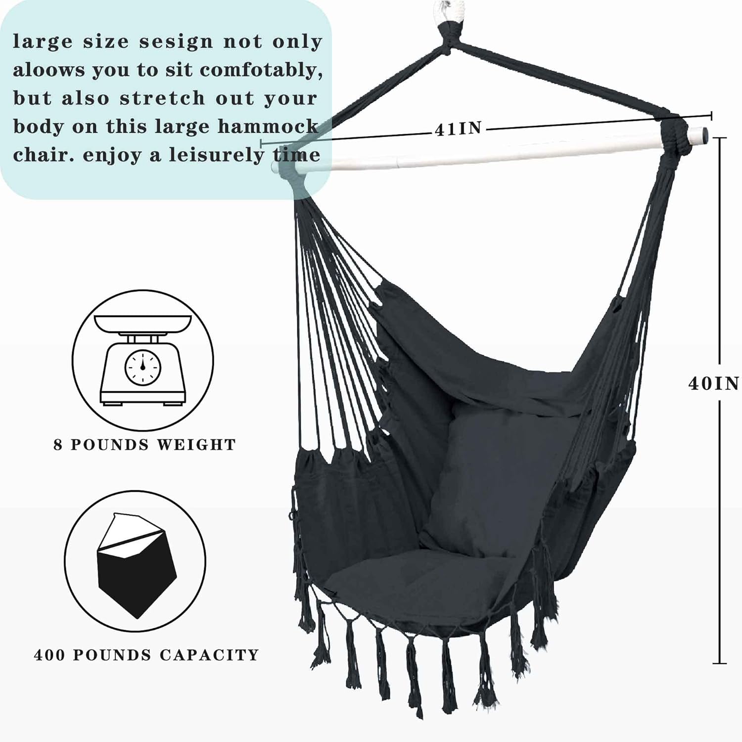 Silla hamaca colgante de cuerda para colgar, máximo 450 libras, 2 cojines incluidos, silla colgante grande de macramé con bolsillo y kits de