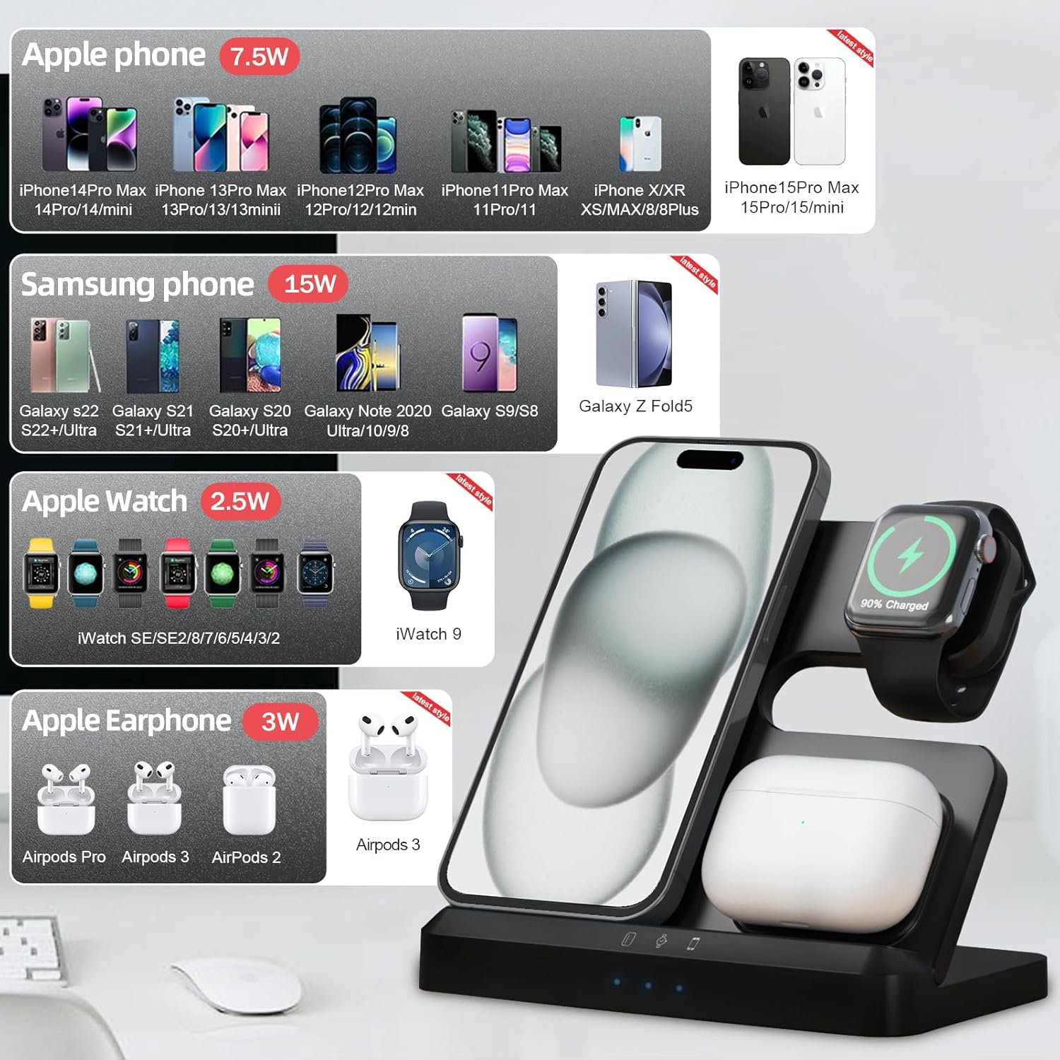 Cargador inalámbrico, estación de carga inalámbrica 3 en 1 para iPhone 15 14 13 12 11 Pro MaxX8, soporte de cargador para Apple Watch Series 9 8