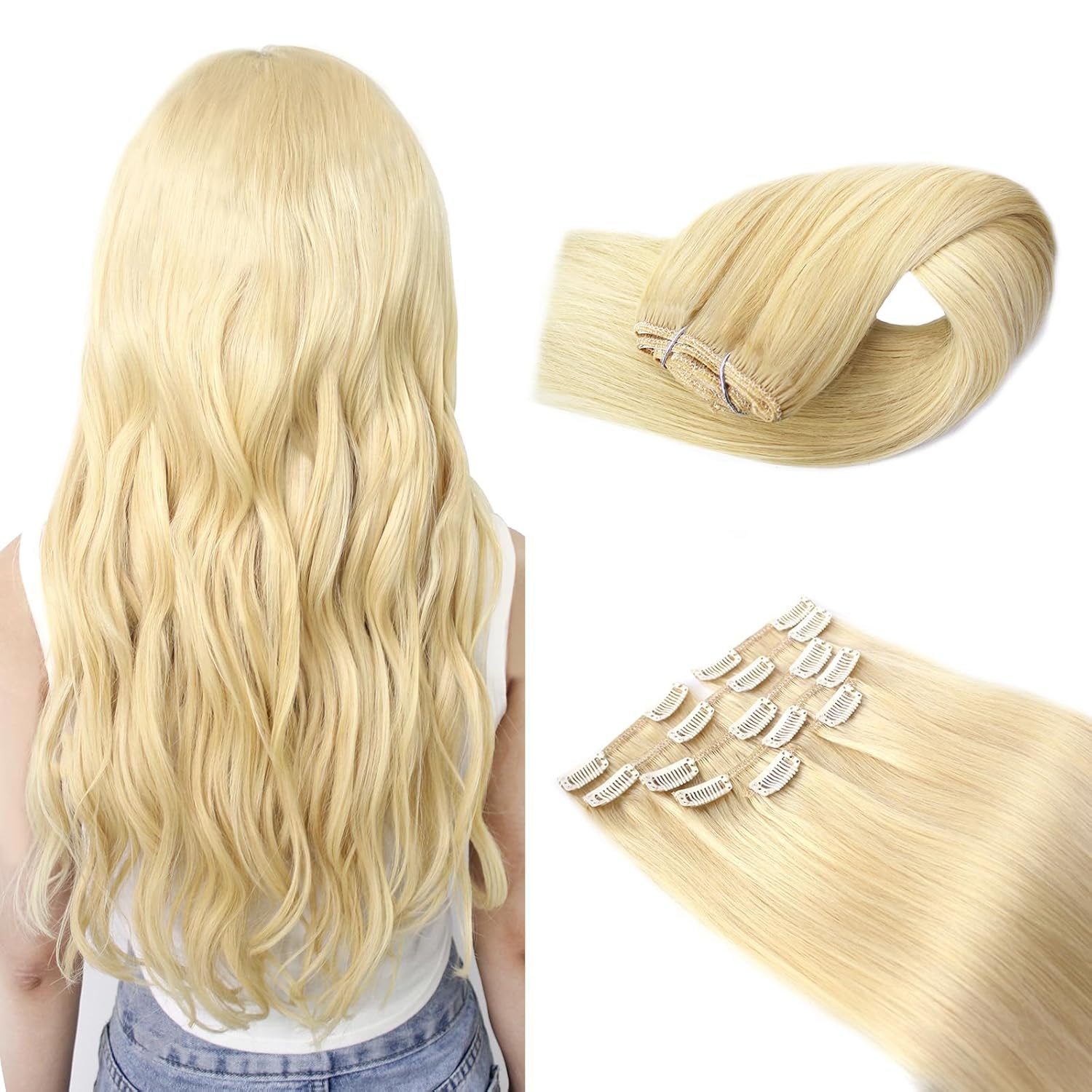 Atbering Extensiones de cabello humano real con broches, color rubio decolorado, extensiones de cabello virgen con clip, para cabello lacio o