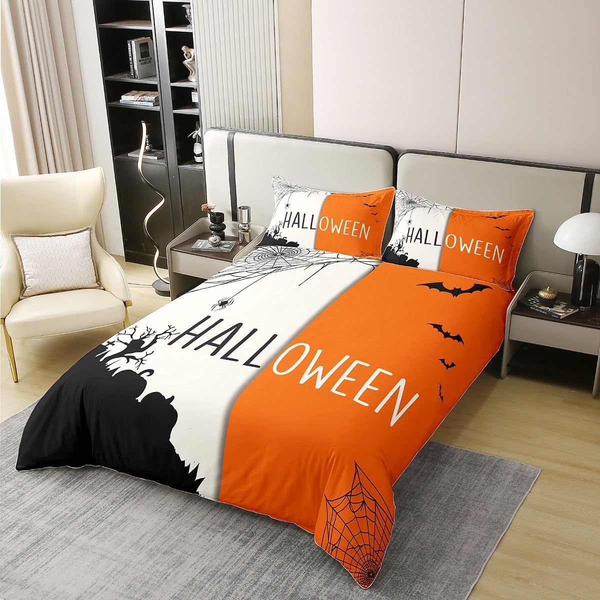 Juego de funda de edredón de Halloween 100% algodón para niños y niñas, juego de funda de edredón vintage de Halloween, tamaño Queen, juego de ropa