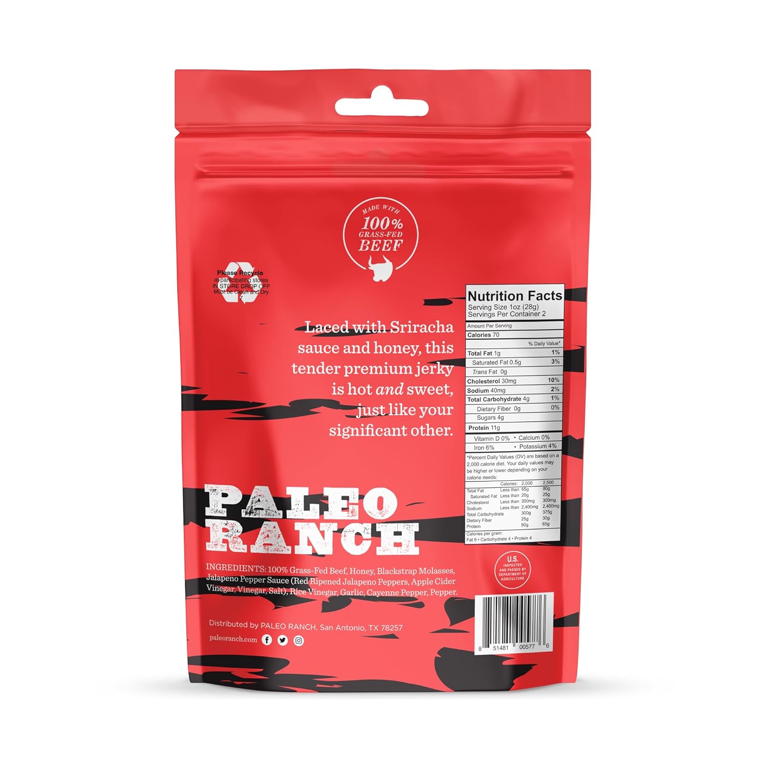 PALEO RANCH Grass-Fed Beef Jerky, All Natural, No Added Hormones, No Preservatives, 2-oz. Pouches, 8-Pack (Honey Sriracha)