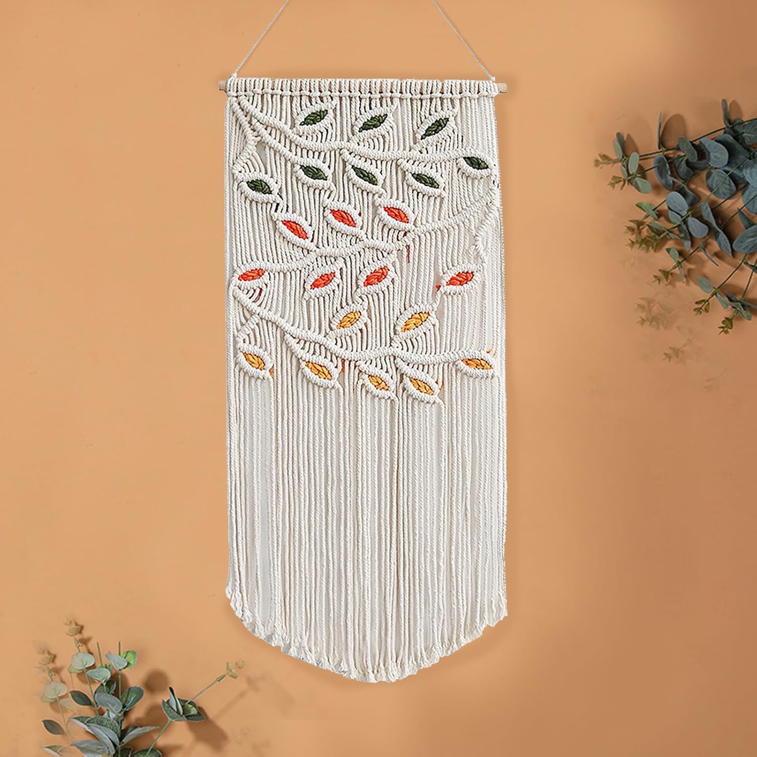 Tapiz de macramé para colgar en la pared, elegante bohemio con hojas de macramé, decoración de pared tejida a mano, arte de pared bohemio con