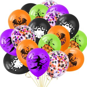 KORHONEN Globos de Halloween, 60 globos de látex de confeti de 12 pulgadas, color morado, naranja, verde, negro, confeti, para suministros de fiesta KORHONEN Globos de Halloween, 60 globos de látex de confeti de 12 pulgadas, color morado, naranja, verde, negro, confeti, para suministros de fiesta