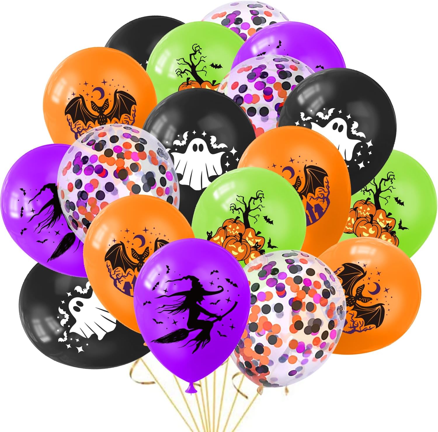 KORHONEN Globos de Halloween, 60 globos de látex de confeti de 12 pulgadas, color morado, naranja, verde, negro, confeti, para suministros de fiesta