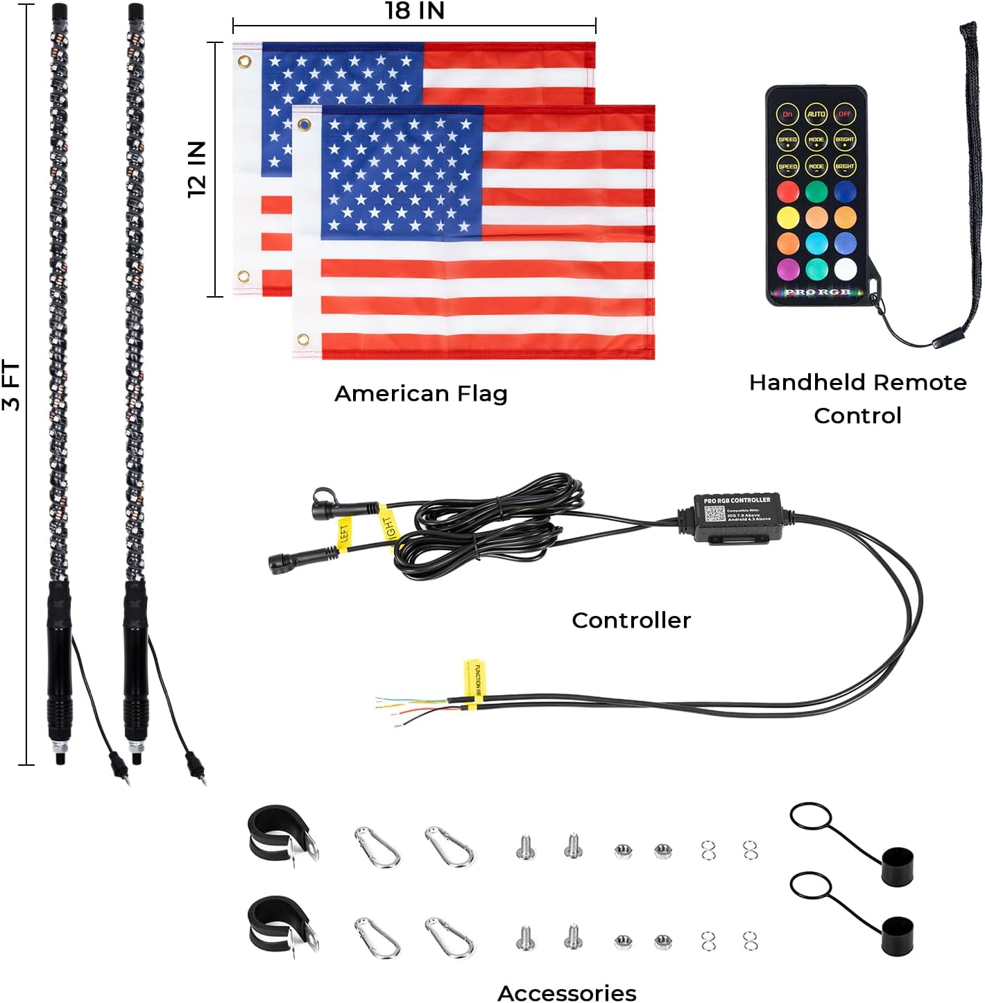 Luz LED blanca pura de 3 pies en espiral RGB Chase Light Offroad 360 Spiraling Rising Dream Wrapped Dancing Whips