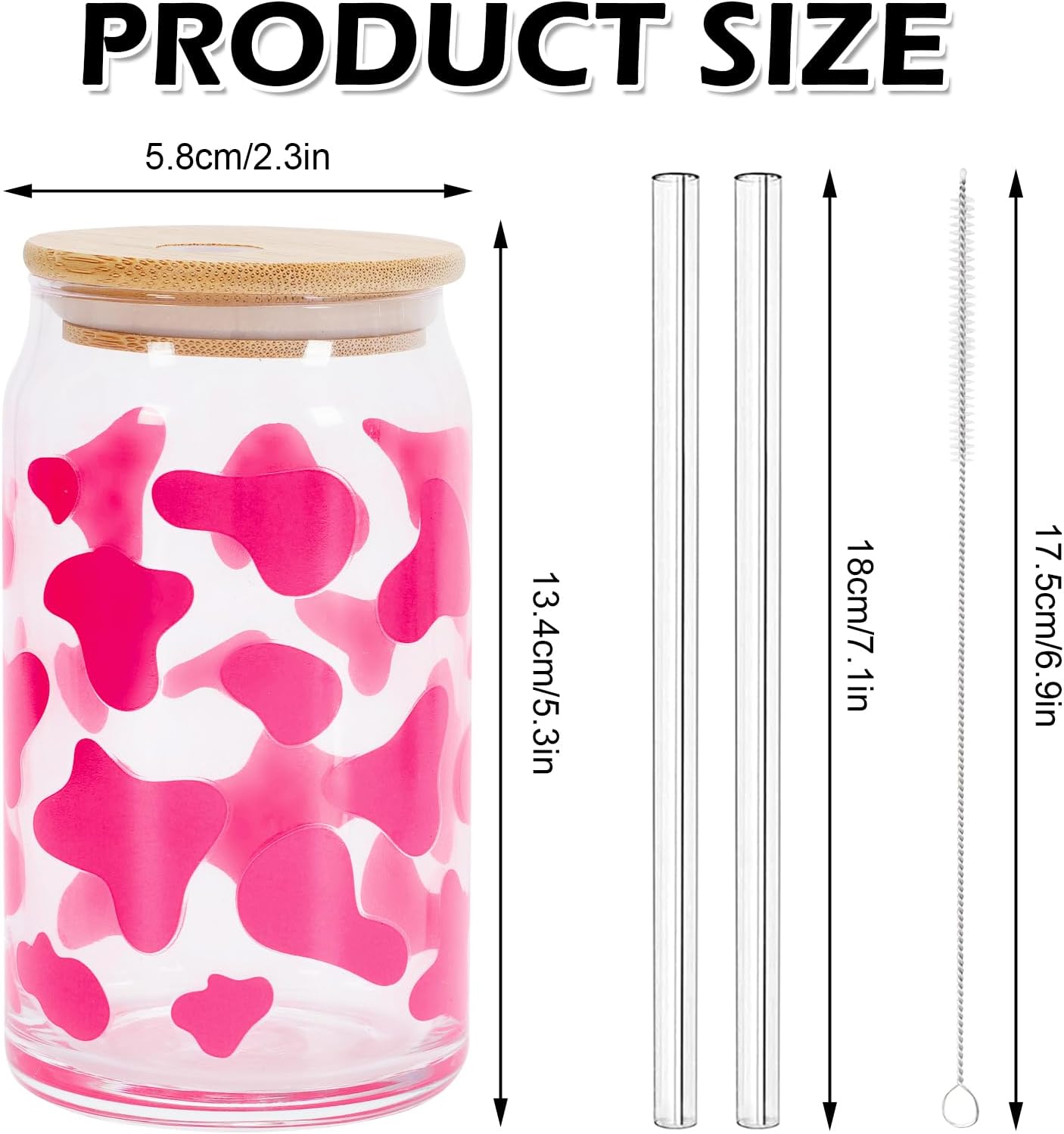 Whaline Paquete de 2 vasos de bebida de vaca de 16 onzas con estampado de vaca roja rosa, taza de café helado con tapas de bambú, popote de vidrio