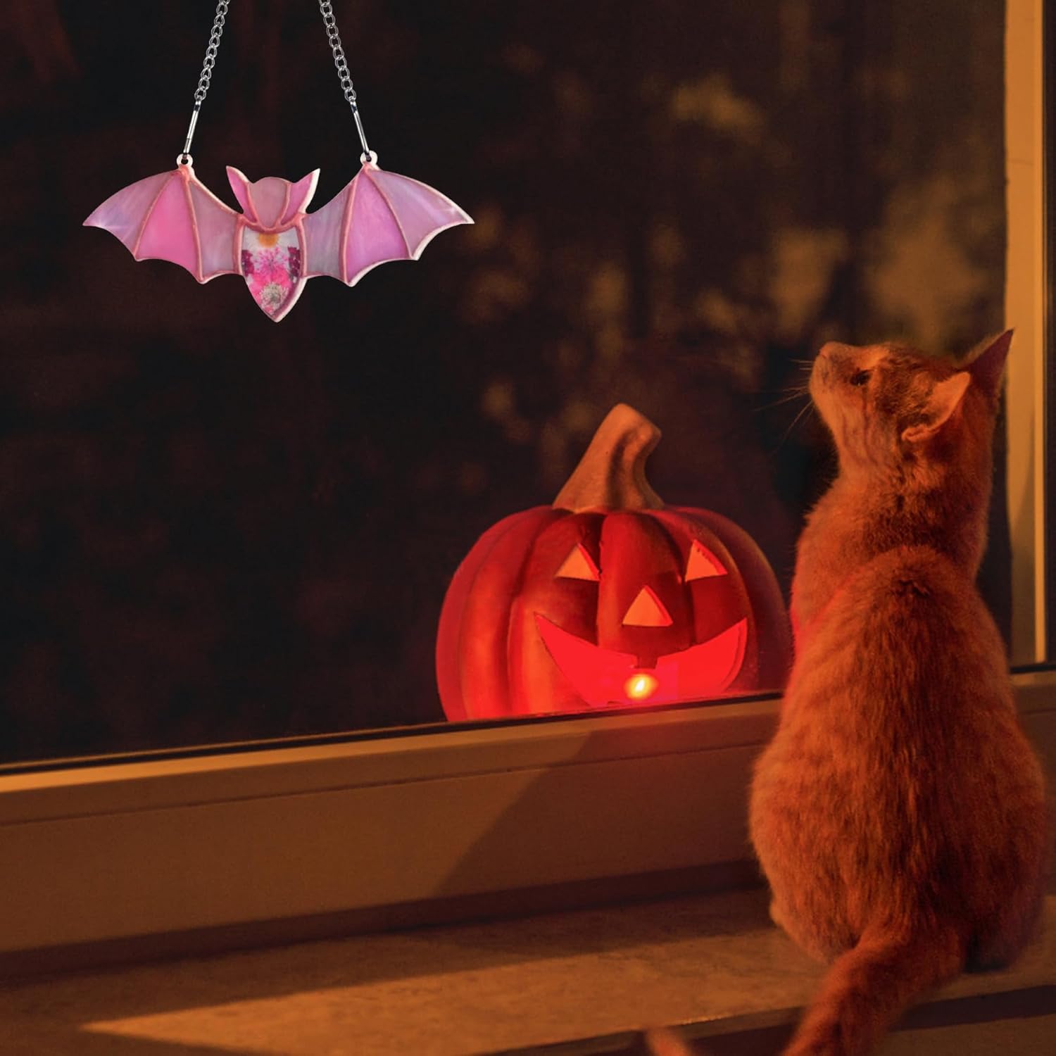 U-MOJOK Atrapasoles de murciélago rosa para ventanas, atrapa el sol manchado de murciélagos para decoración de Halloween, decoración de pared de