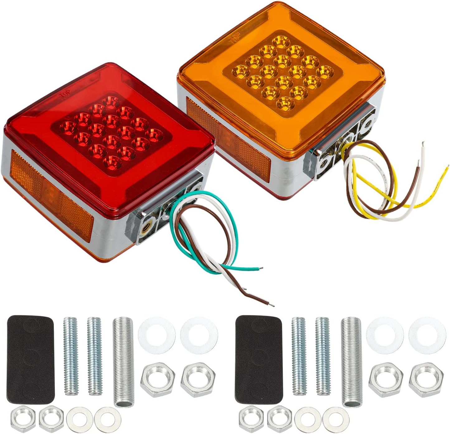 Partsam Par de doble cara cuadrada pedestal guardabarros luces intermitentes Halo Glow Triple Stud, ámbar  rojo cuadrado 47 LED marcador de parada