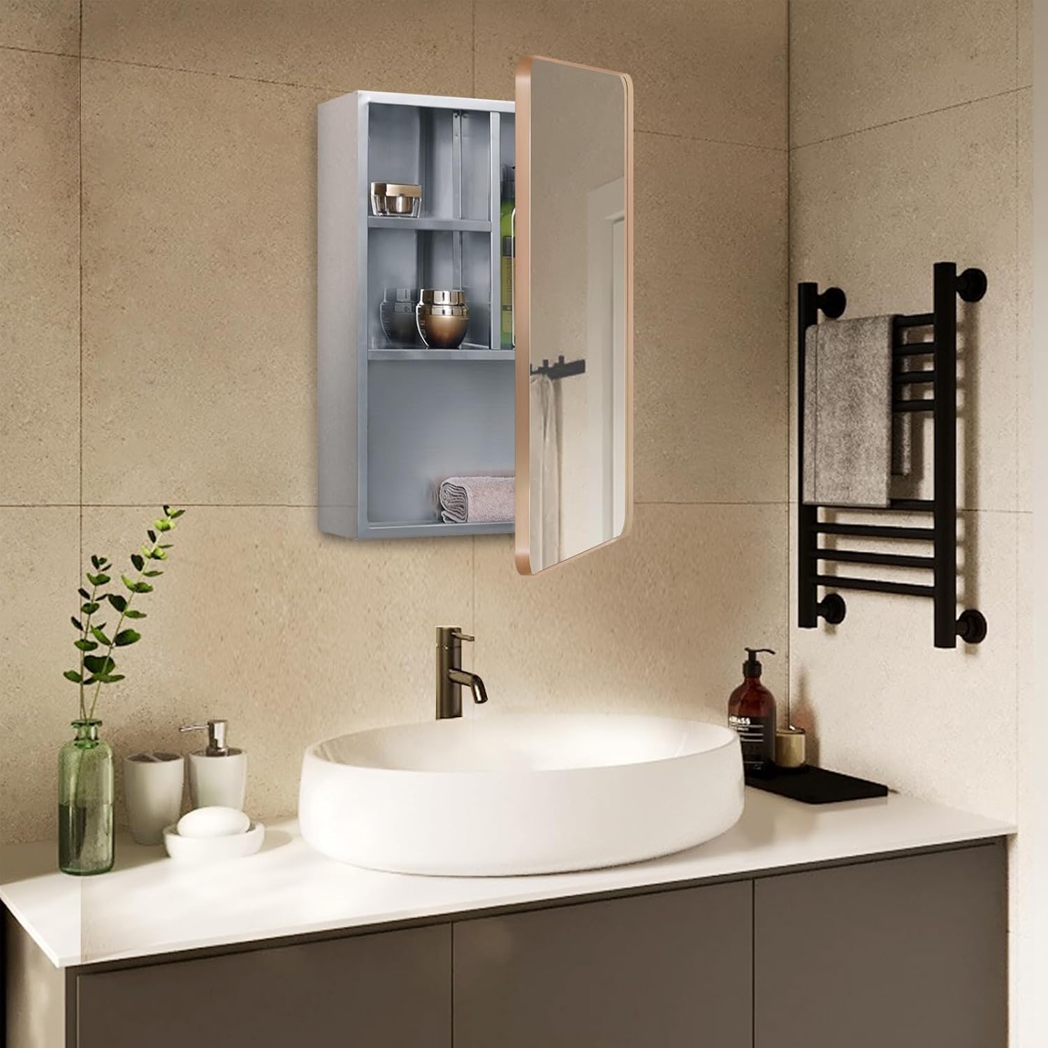 Armario de acero inoxidable con espejo de medicina para baño con puerta enmarcada dorada, múltiples estantes, 15 x 21 pulgadas