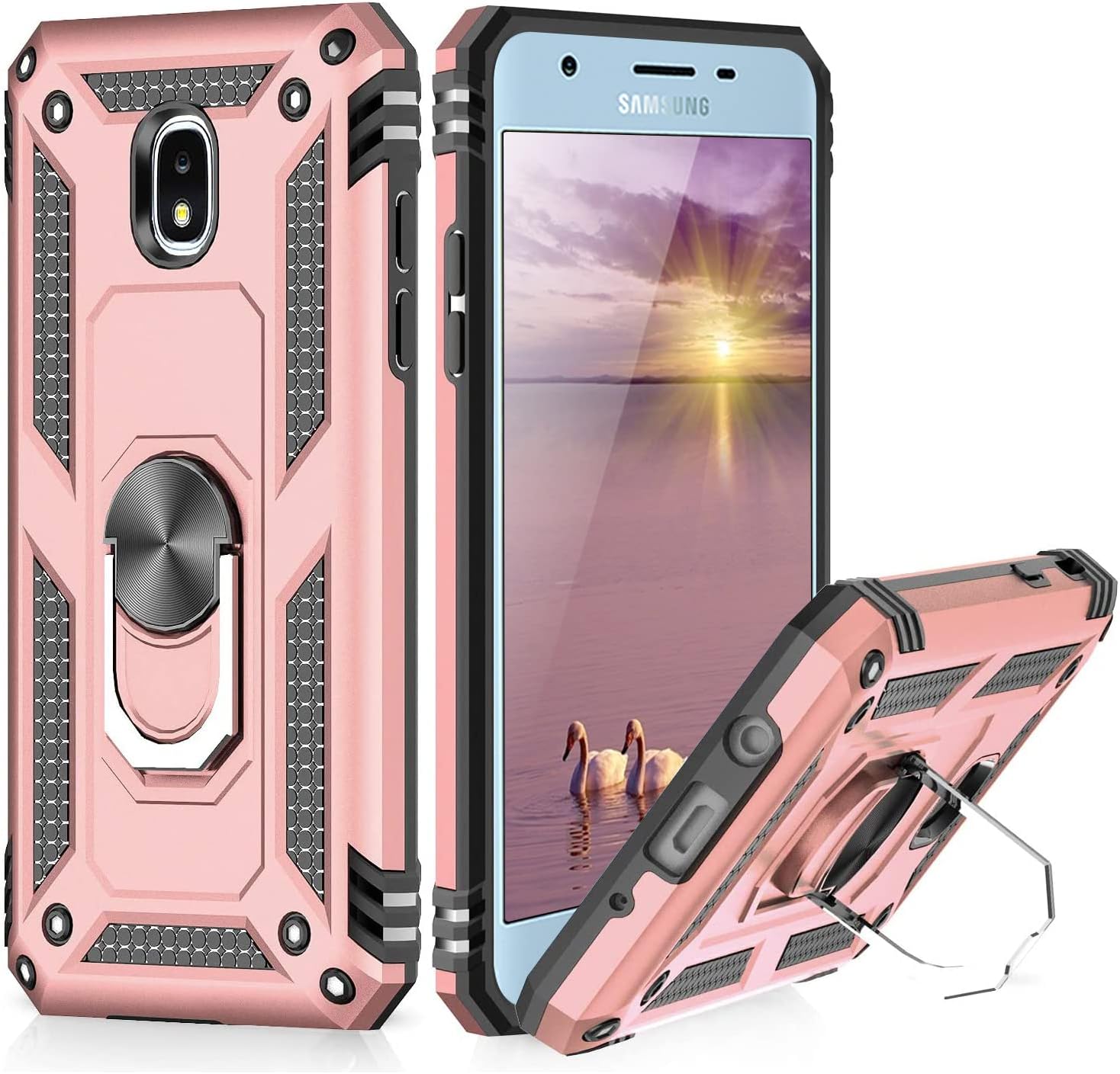 TJS Funda compatible con Samsung Galaxy J7 2018J7 RefineJ7 StarJ7 EonJ7 TOPJ7 AeroJ7 CrownJ7 Aura, anillo de metal con soporte magnético para