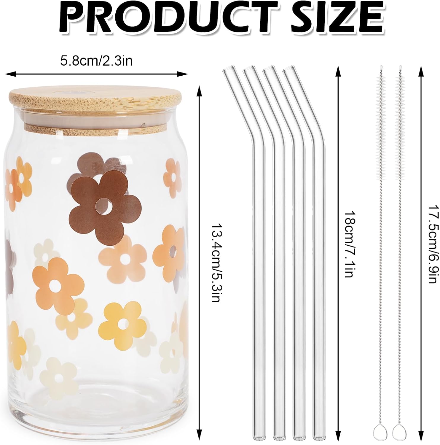 Whaline 4 vasos de bebida con tapas y pajita, 16 onzas, diseño de margaritas bohemias, para café, café, con diseño de flores, hippie, retro, para