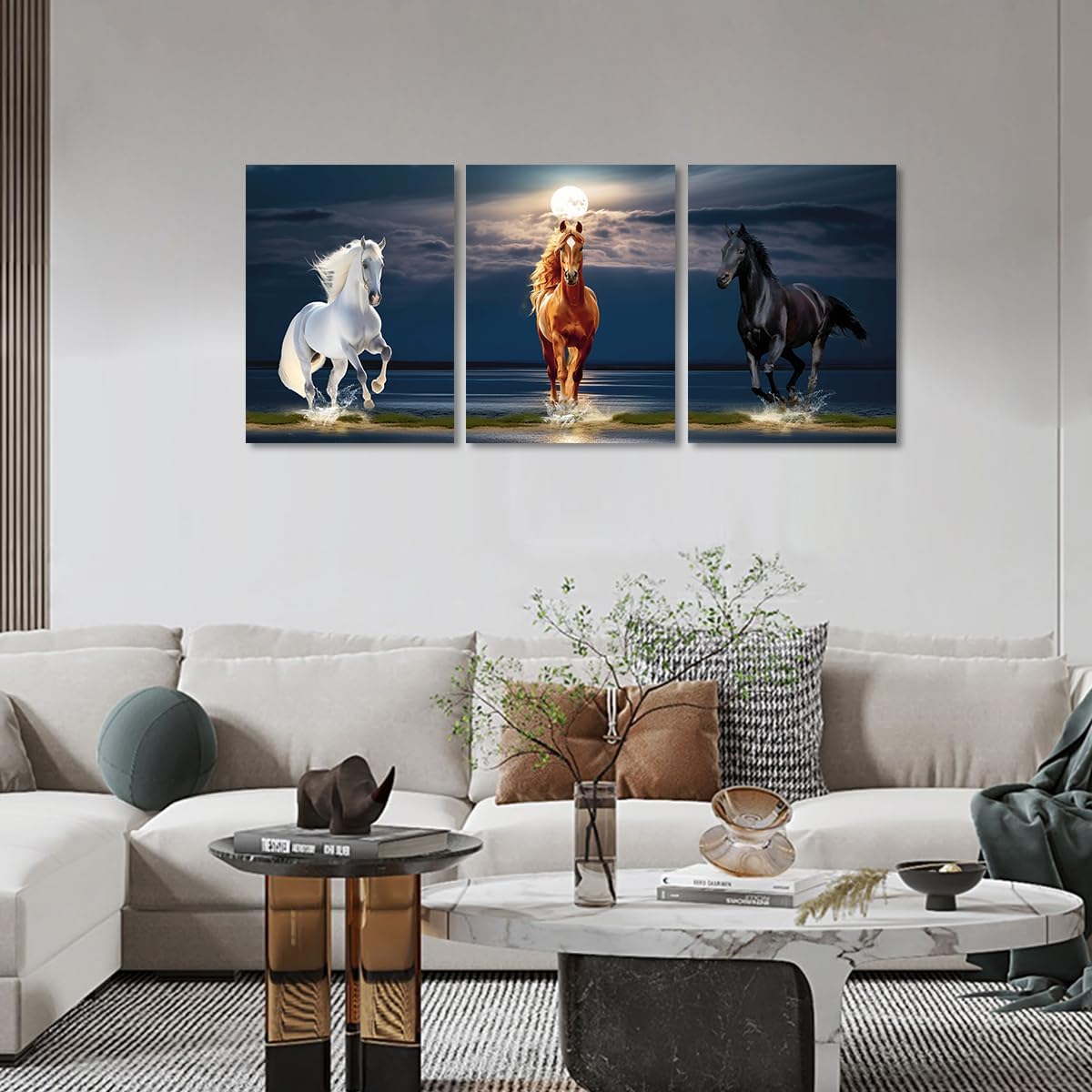 Kyiyhzp Arte de pared azul con caballo corriendo en el pastizal junto al mar, arte de pared de animales coloridos para el hogar moderno, dormitorio,