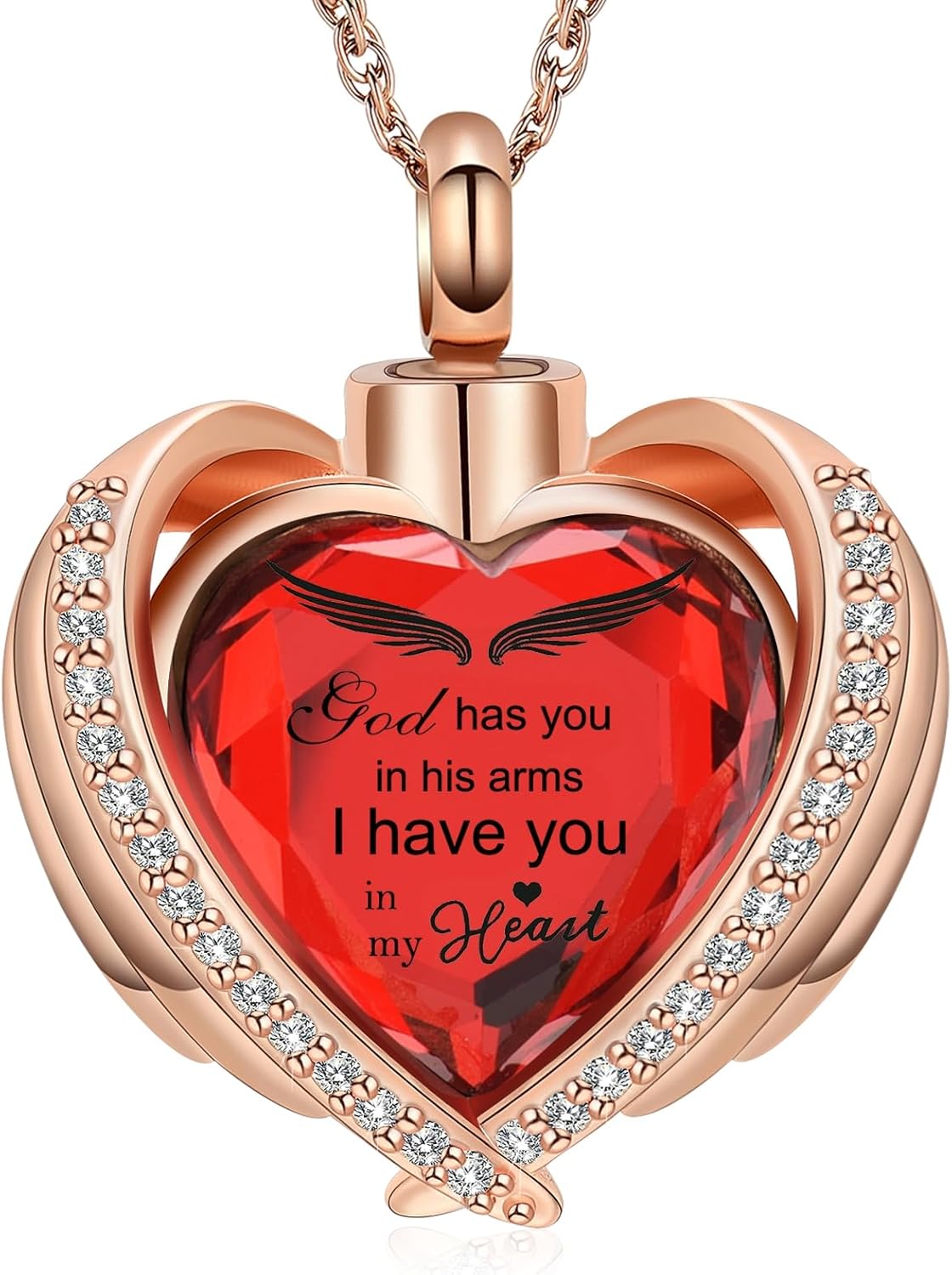 shajwo Collar de cenizas de urna de corazón de ala de ángel para mujeres y hombres, piedra natal amada, colgante conmemorativo