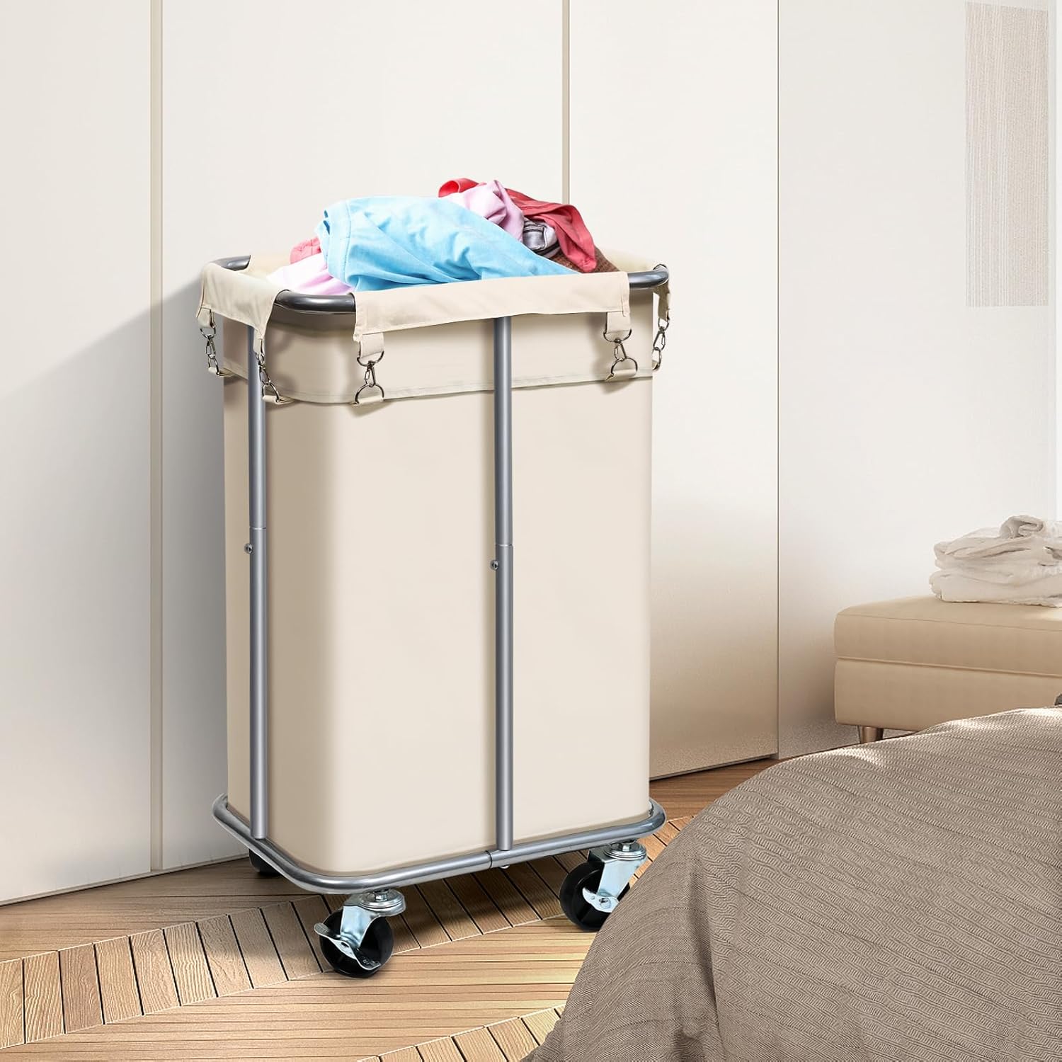 Cesta de lavandería con ruedas, cesta de lavandería con bolsa extraíble, carrito clasificador de ropa de 100 L, organizador de ropa estrecho y