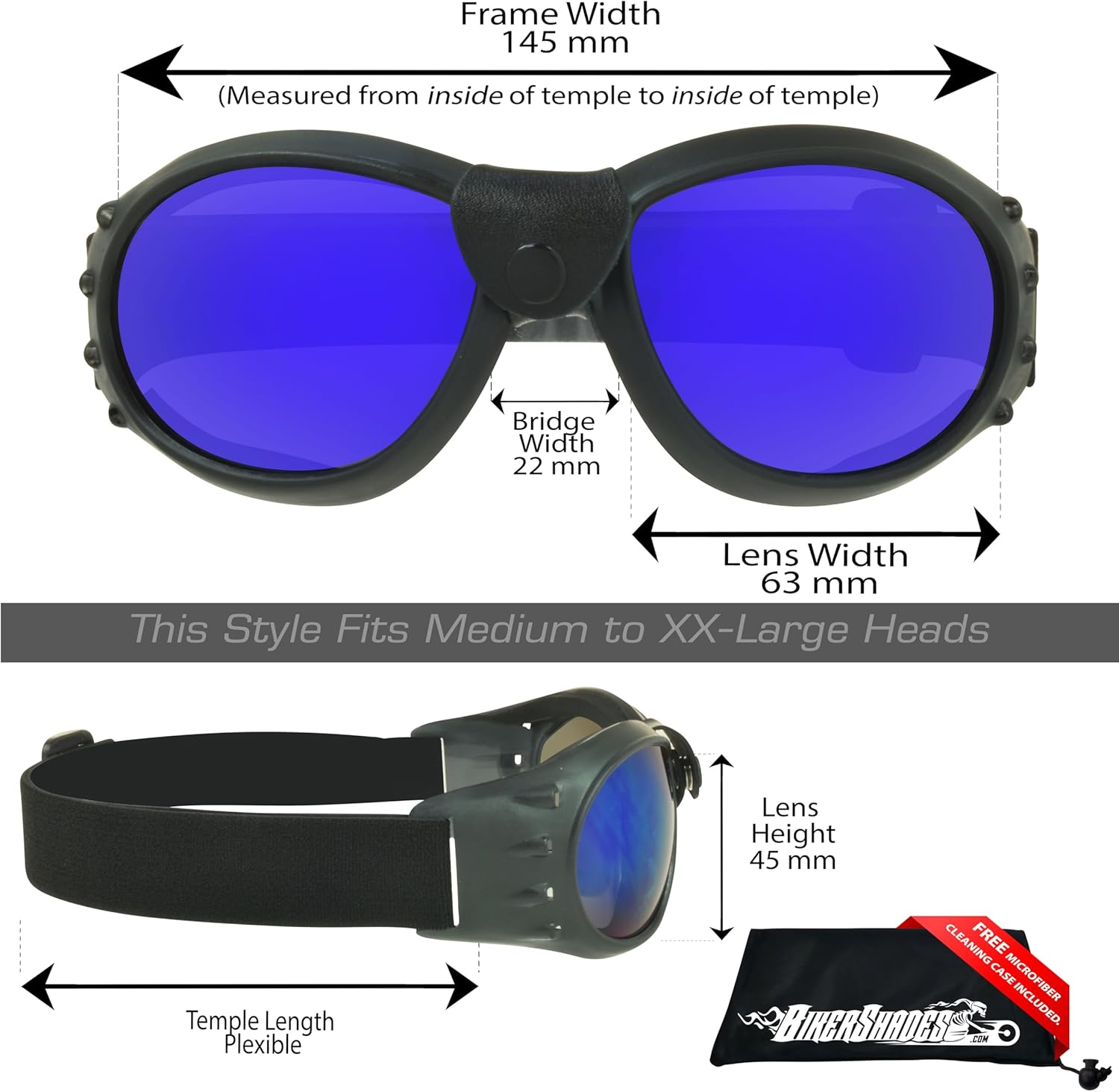 Bikershades Gafas de seguridad para motocicleta con acolchado de espuma para hombres y mujeres, gran cobertura con funda de microfibra grande