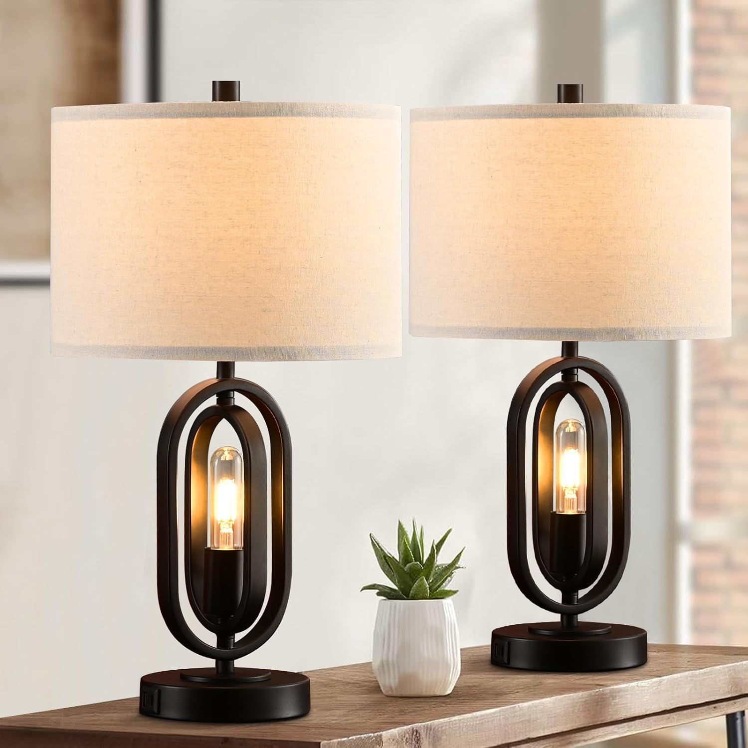 Kyrid Juego de lámpara de mesa negra de 22 pulgadas con puerto USB y tomacorriente, lámparas de mesa de noche con control táctil de 3 vías con luz