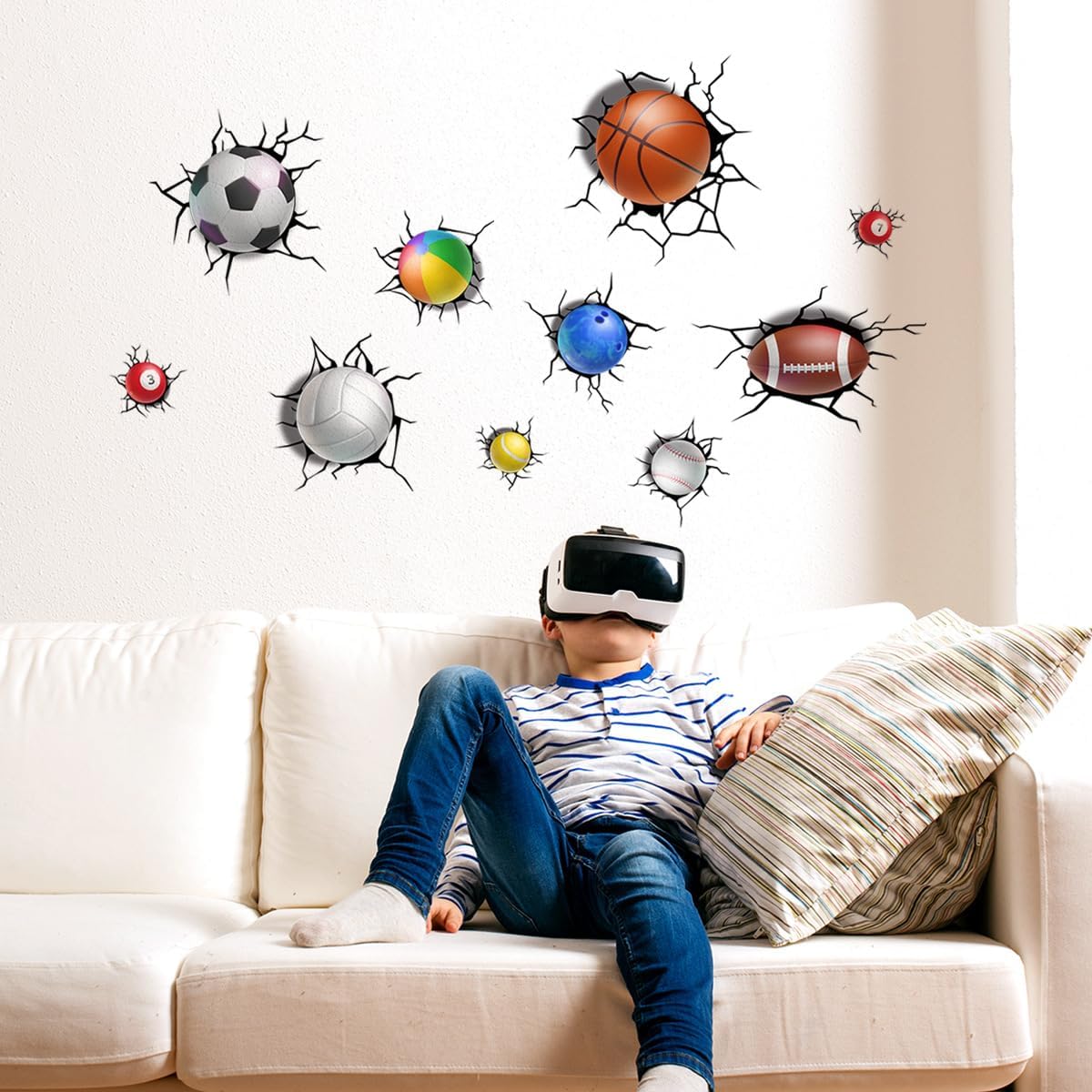 Pelotas deportivas 3D, calcomanías de pared para romper a través de la pared, calcomanías de pared extraíbles, despegar y pegar, baloncesto, rugby,
