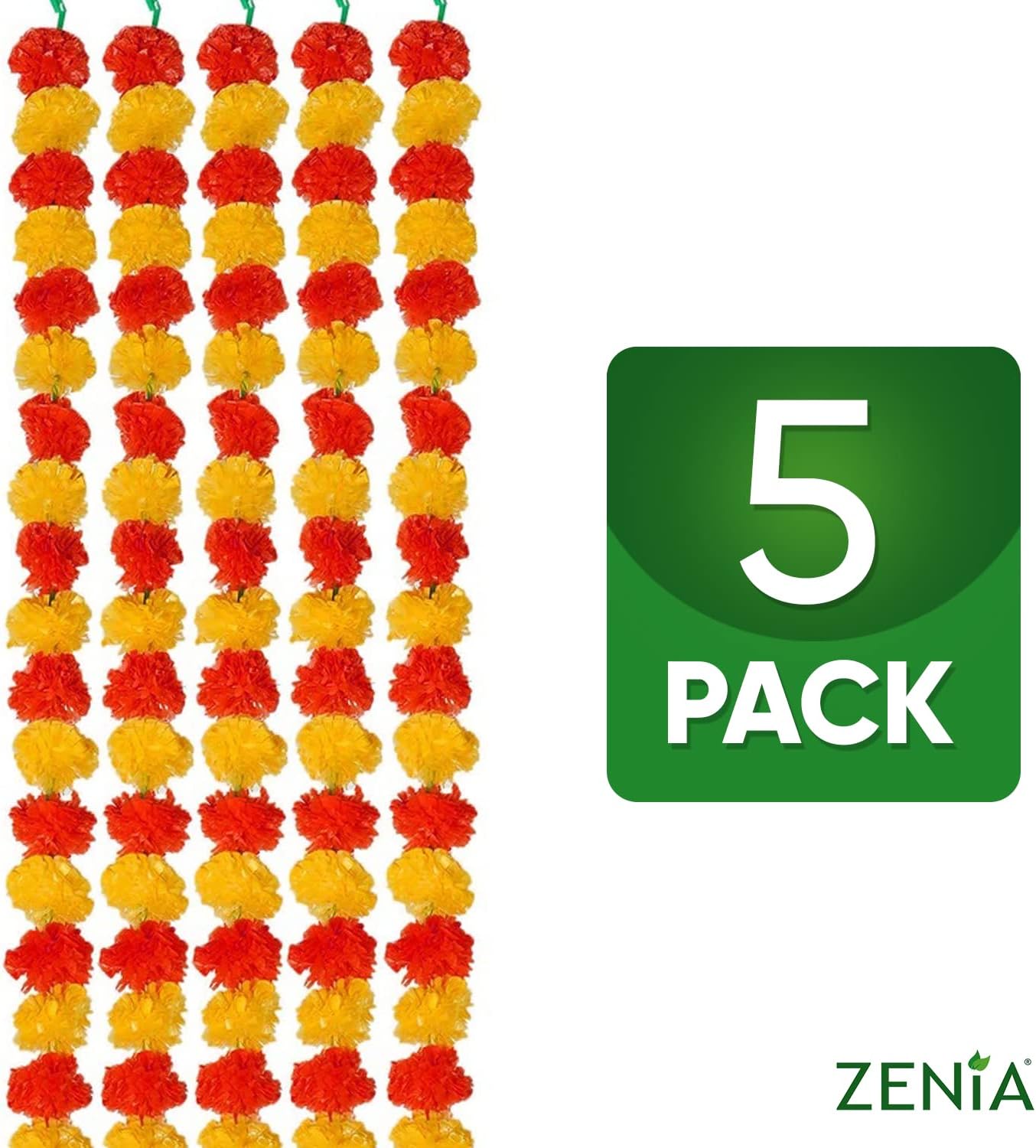 Zenia Creations – Guirnalda de caléndula para decoración, hebras de 4.5 pies de largo (paquete de 5), flores artificiales para decoración india,