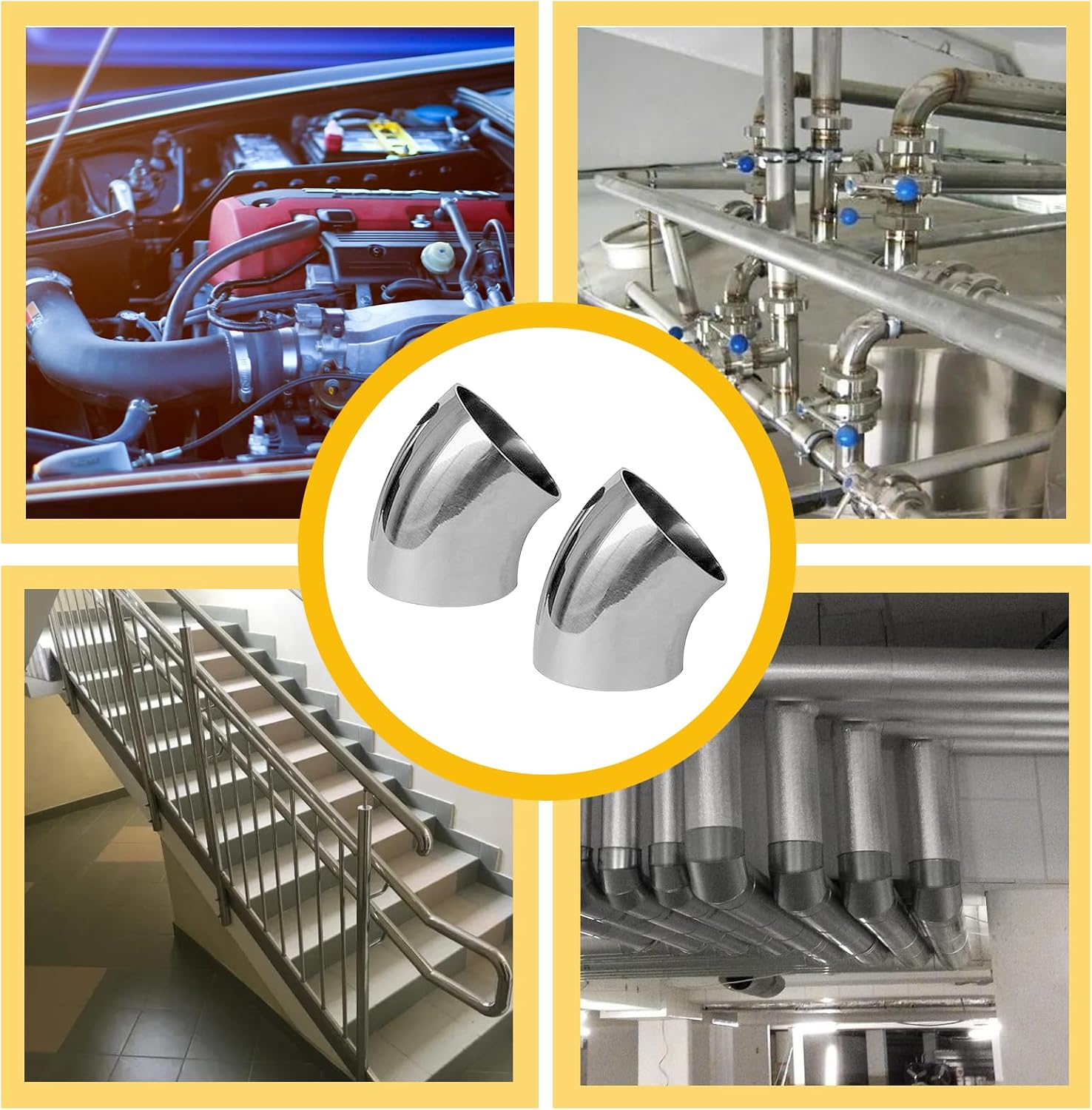 BokWin 2 piezas de codo de escape de 45 grados OD 2.5 pulgadas tubo de doblez de acero inoxidable codo tubos de escape para barandilla de escalera