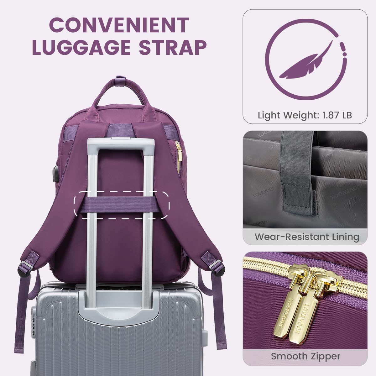 LOVEVOOK Mochila para laptop para mujer, mochila de trabajo de moda con puerto USB, mochilas impermeables para el trabajo., Púrpura, Mochila casual