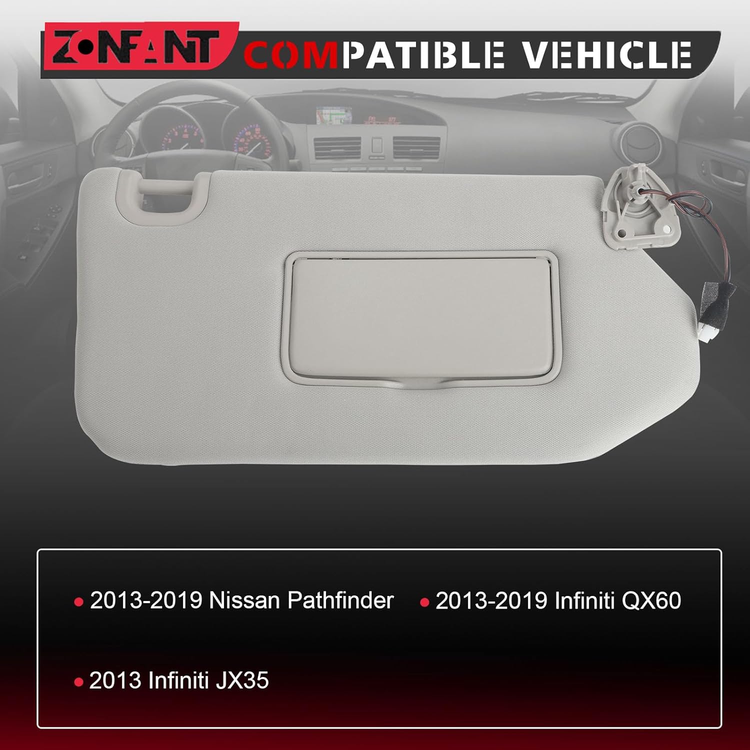 ZONFANT Parasol lateral derecho gris del pasajero con lámpara y espejo sin techo corredizo compatible con Infiniti QX60 JX35 2014-2017, Nissan
