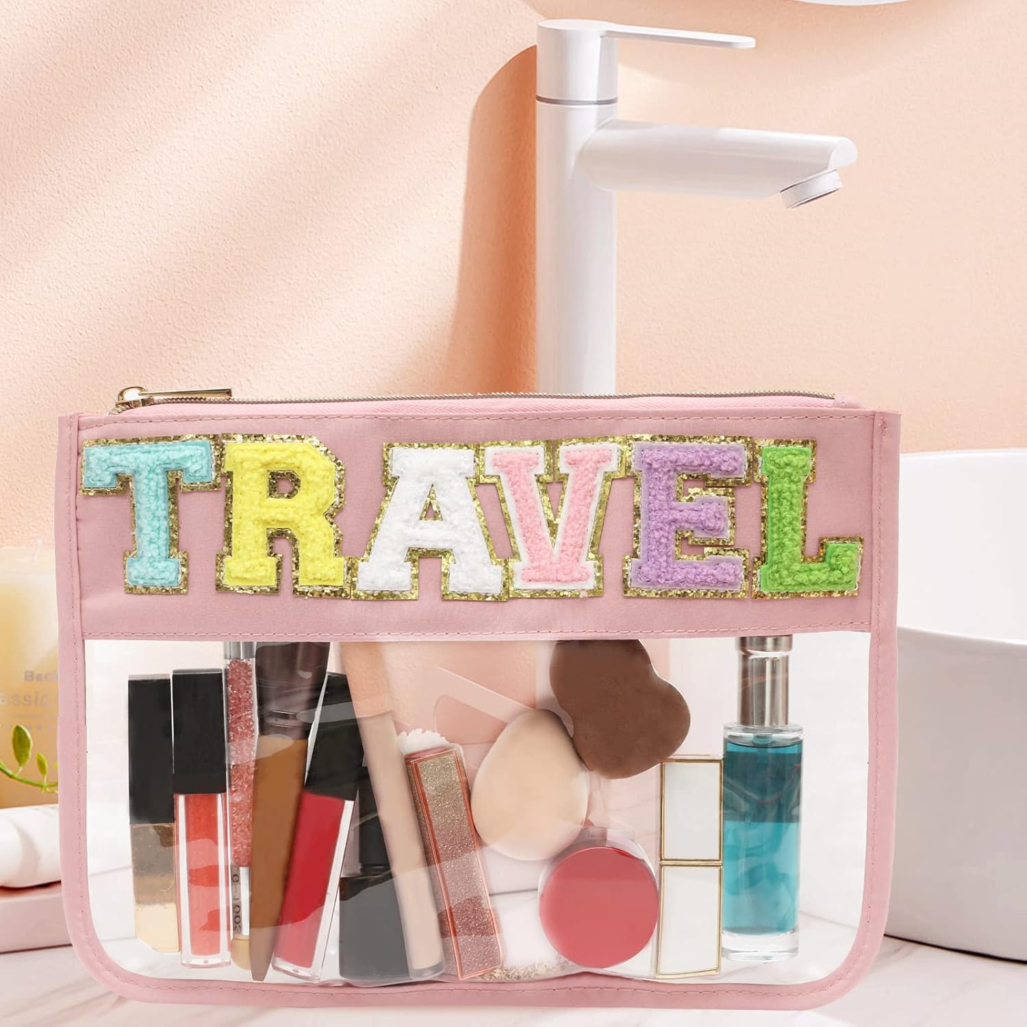 Bolsa de felpilla plana transparente, bolsas multiusos de PVC y nailon, bolsa de maquillaje de viaje con cremallera para mujeres y niños, bolsas