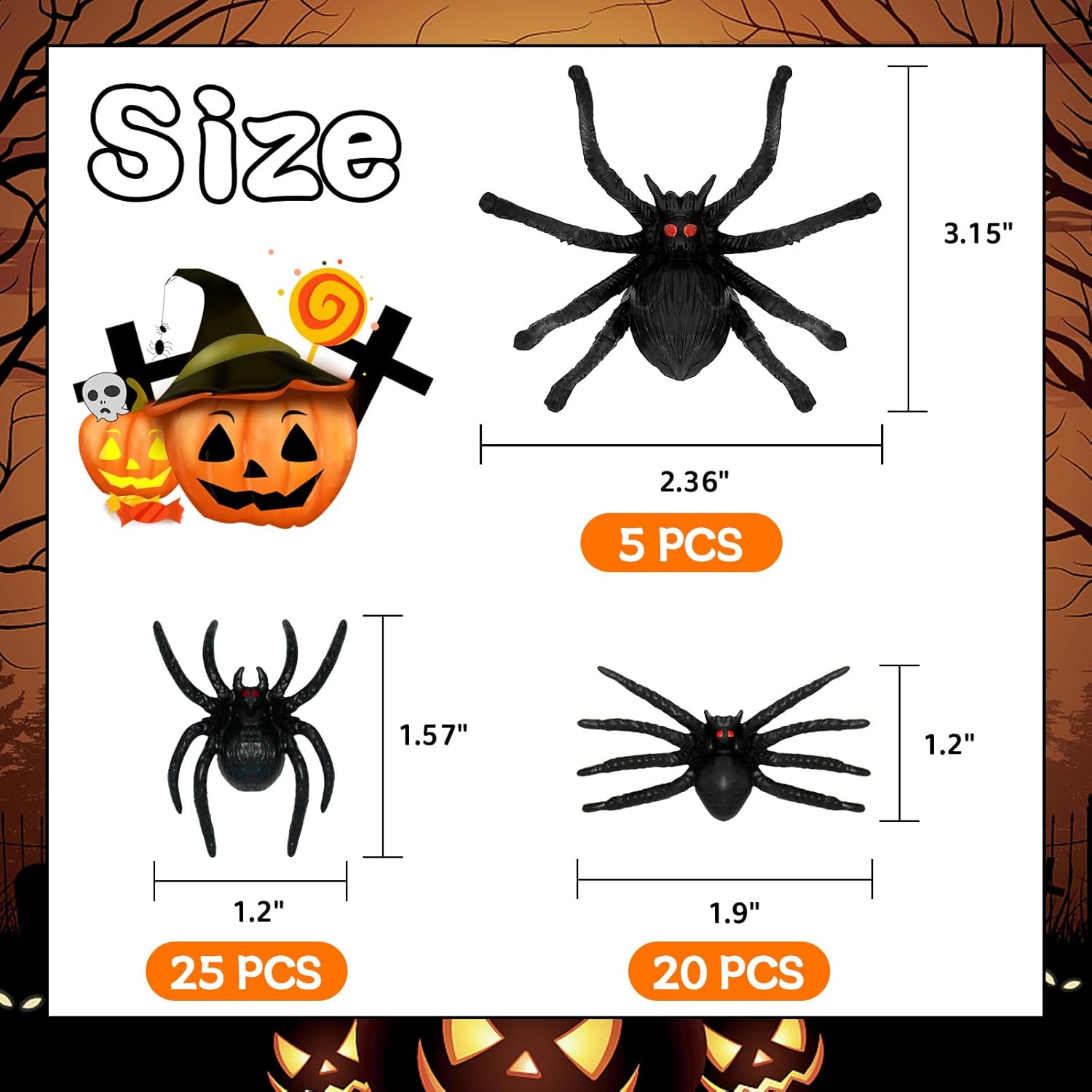 50 arañas de plástico para Halloween, arañas falsas de tres tamaños, broma de Halloween, juguetes de broma para decoraciones de Halloween