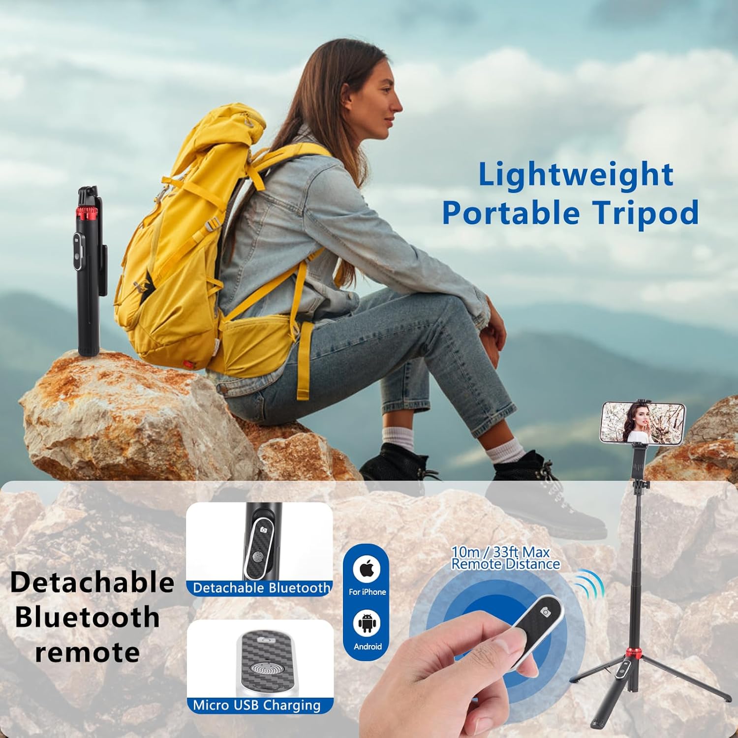 Trípode de teléfono de 60 pulgadas y palo para selfie, trípode extensible portátil para teléfono, soporte de trípode de aleación de aluminio con