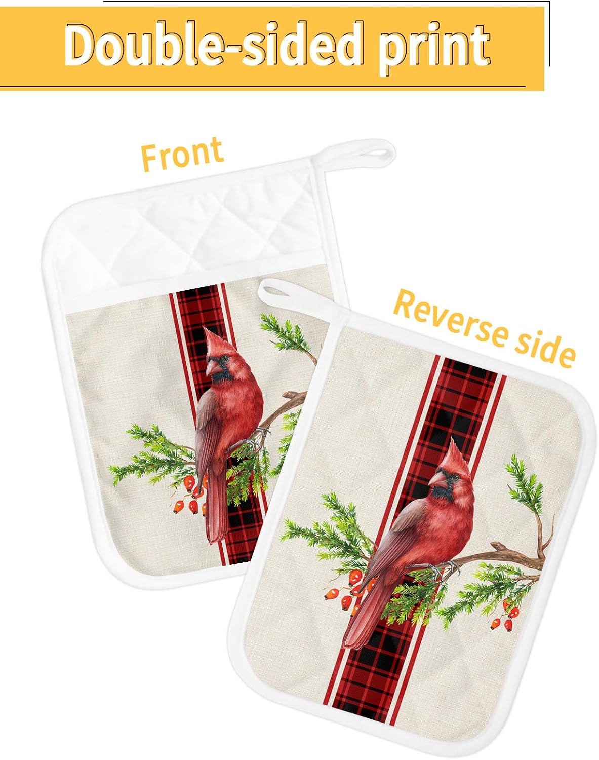 Christmas Red Bird 2Pcs Pot Holders for Kitchen, Non Slip & Heat Insulation Terry Cloth Potholder Set with Pocket, Thick Hot Pad Oven Mitts Trivet