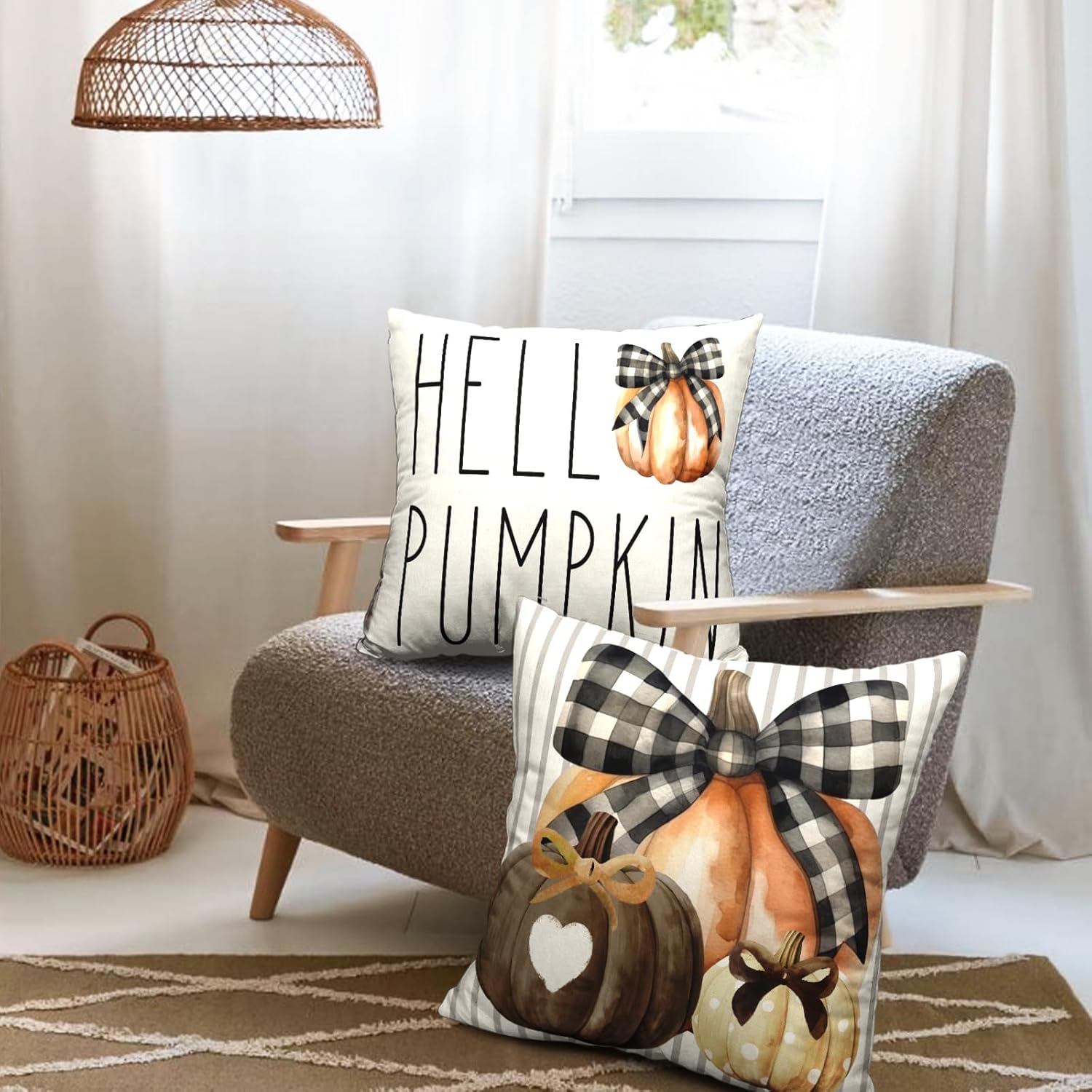 Wnoesat Juego de 2 fundas de almohada de calabaza de 24 x 24 pulgadas, fundas de almohada de otoño con corbatín de calabaza, fundas de almohada