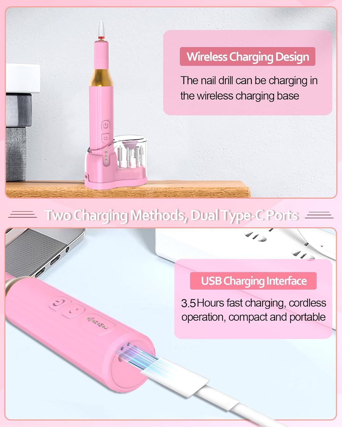 DEEHENK Taladro de uñas eléctrico inalámbrico portátil para uñas acrílicas de gel, lima de uñas recargable para el hogar, sala de belleza, lima de
