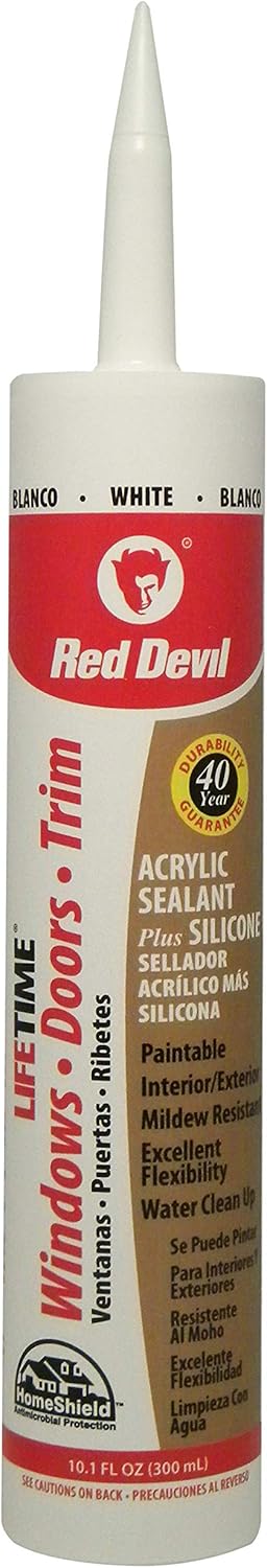 Red Devil 0856PR12 Sellador avanzado de silicona para ventana, puerta y moldura de por vida, 10.1 onzas, blanco, caja de 12