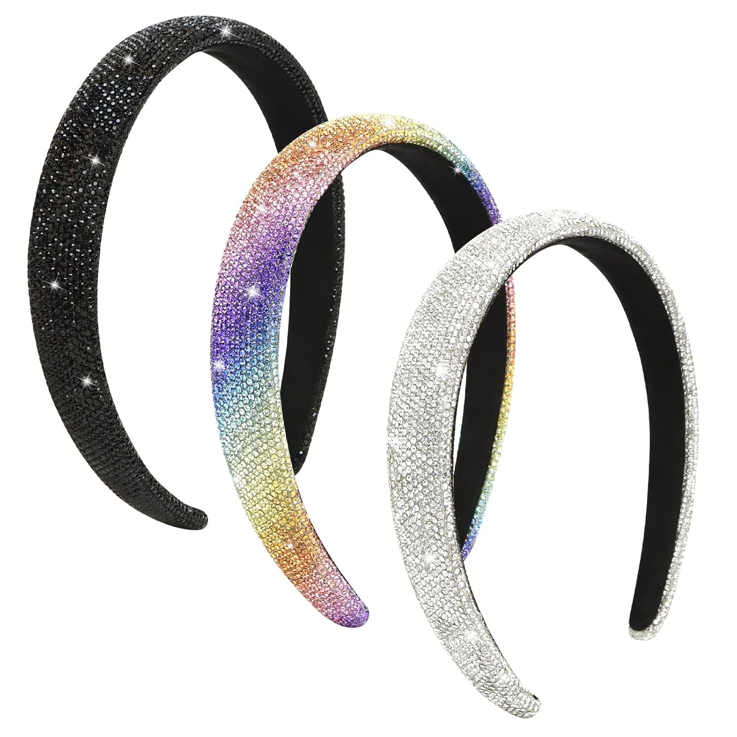 Wecoe 3 diademas de diamantes de imitación para mujeres y niñas, brillantes con diamantes de imitación, color negro, plateado, diadema a la moda,