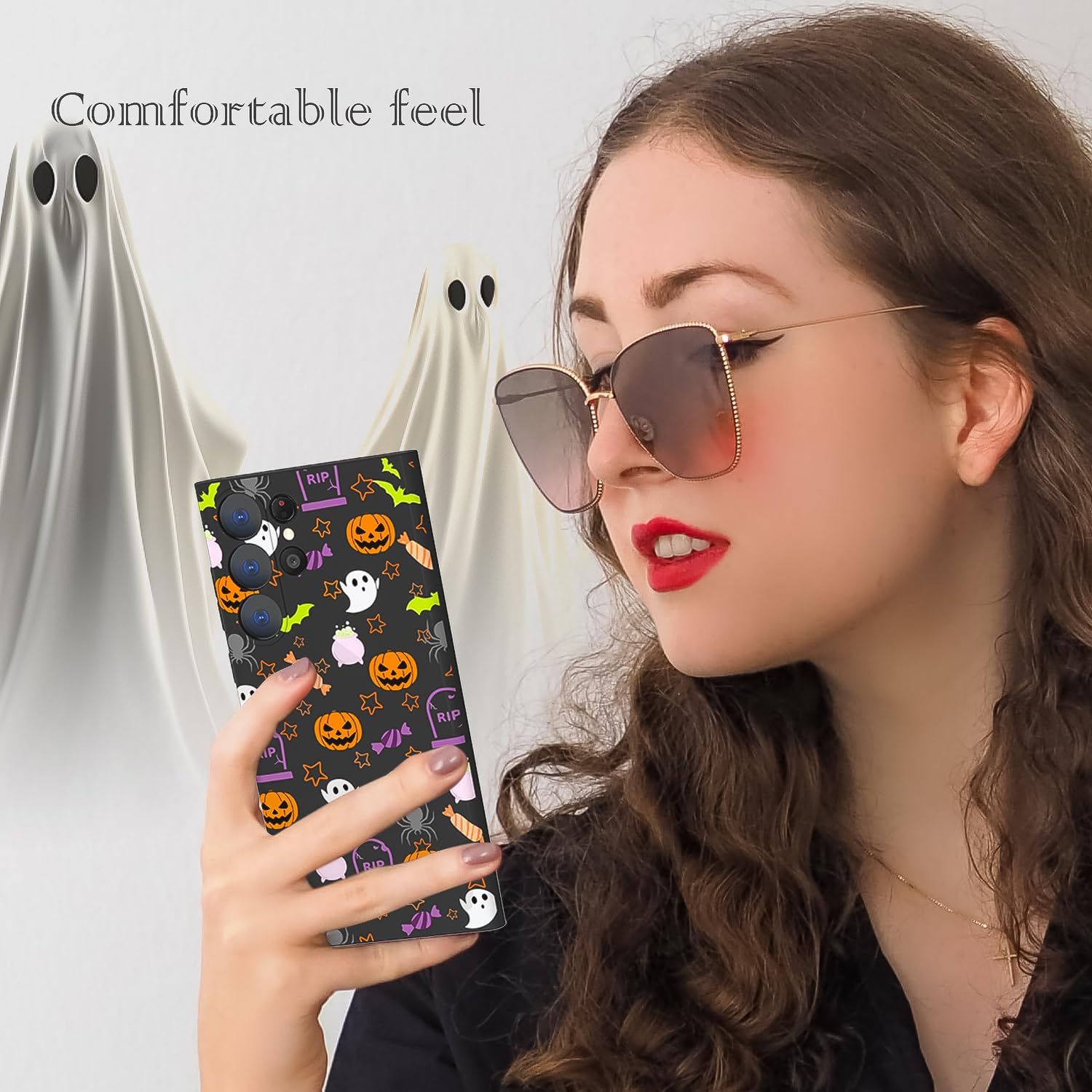 Funda de teléfono de Halloween compatible con Samsung Galaxy S22 Ultra con murciélago, calabaza, caramelo, araña, fantasma, Halloween, funda negra